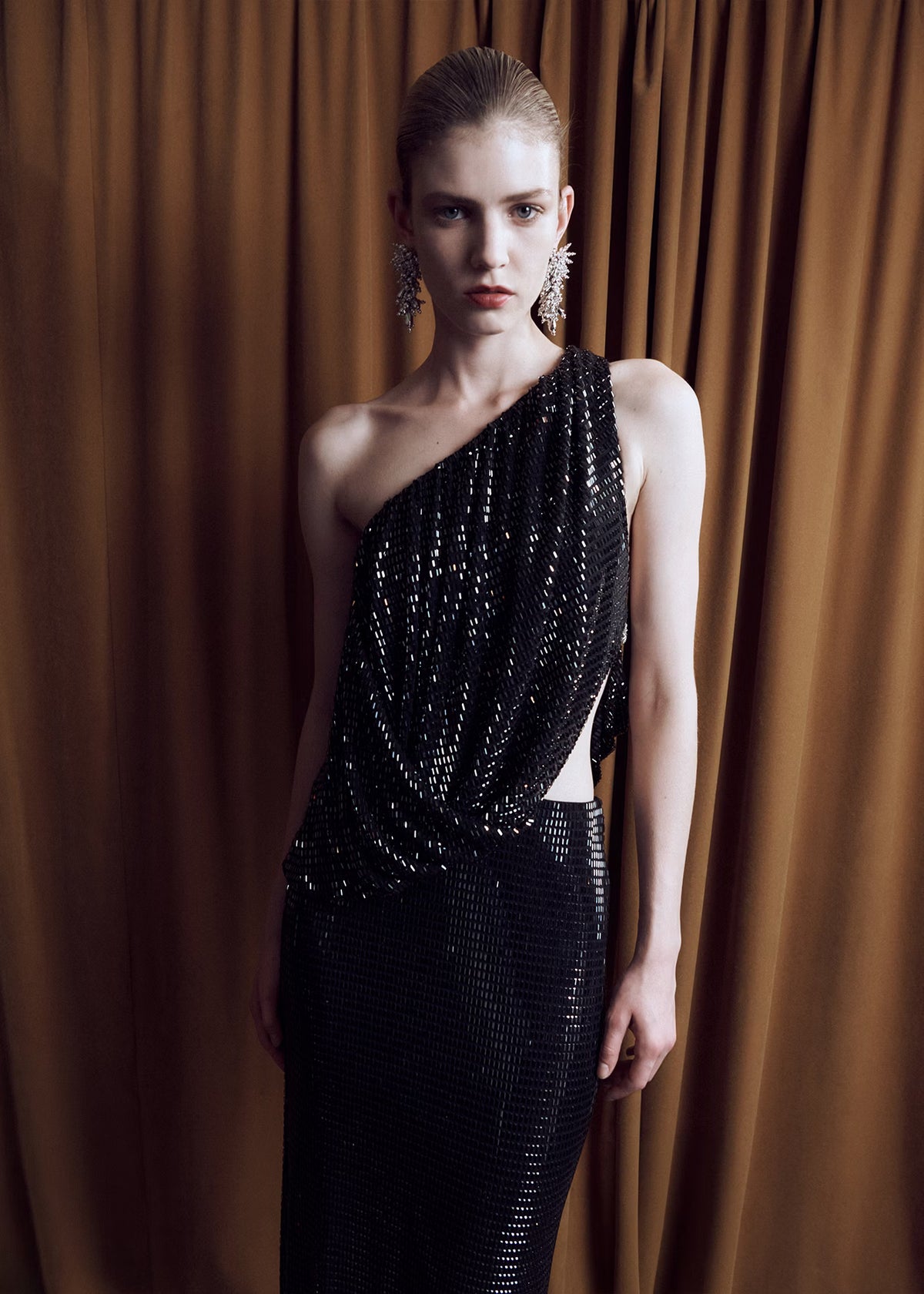 Black Rhinestone One Shoulder Drape Maxi Dress