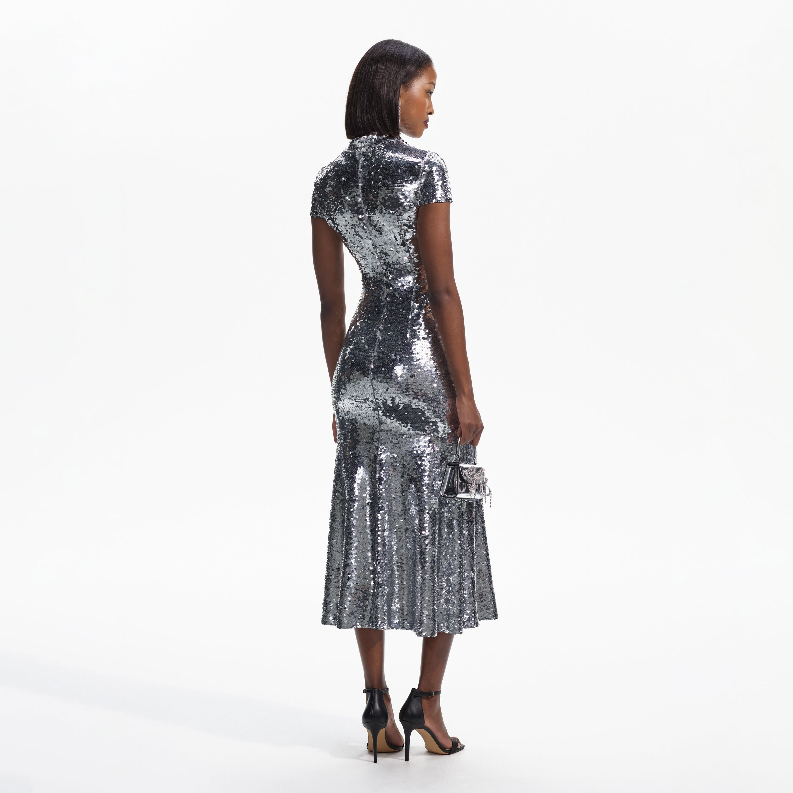 Silver Sequin Twist Neck Midi Dress