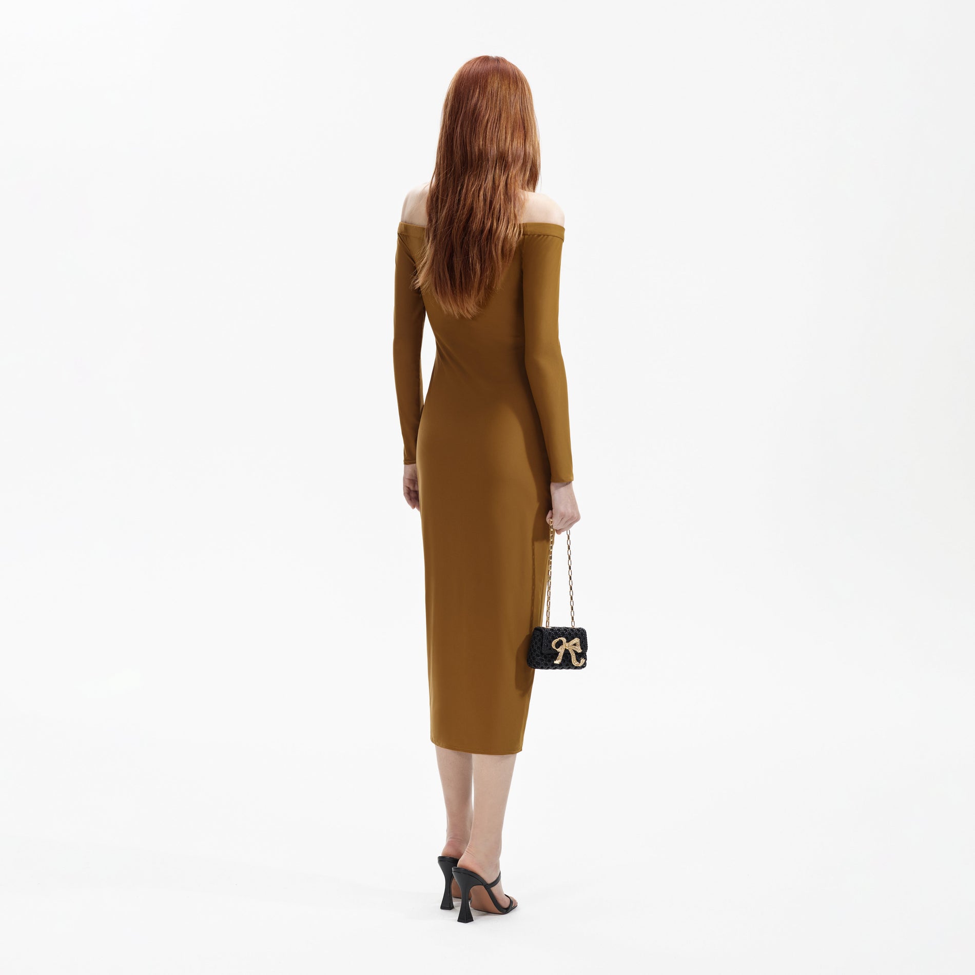 Back view of a woman wearing the Khaki Jersey Off Shoulder Midi Dress