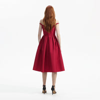 Red Textured Diamante Midi Dress