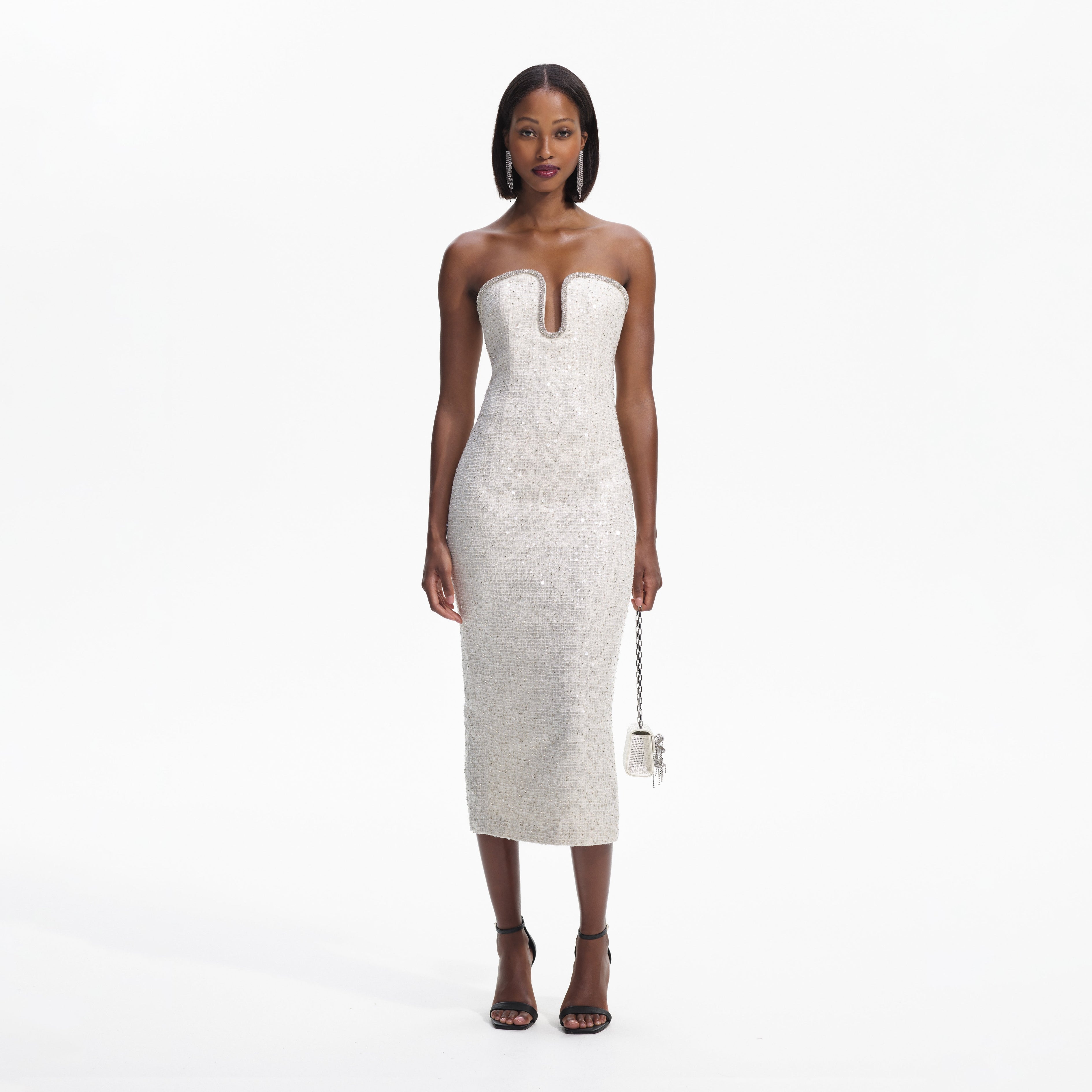 Cream Sequin Boucle Strapless Midi Dress