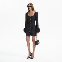 Black Boucle Feather Mini Dress