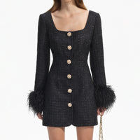 Black Boucle Feather Mini Dress