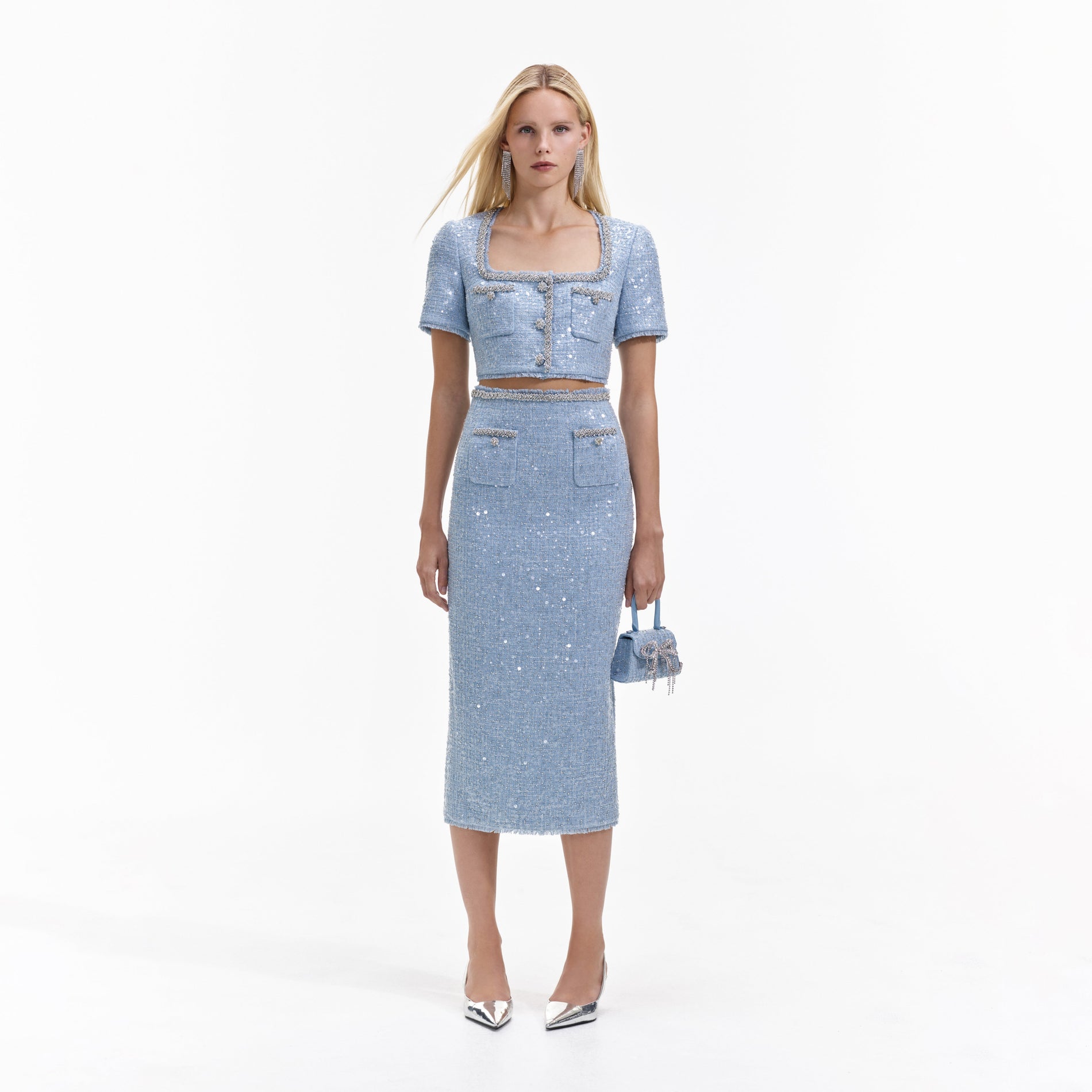 Blue Sequin Boucle Midi Skirt