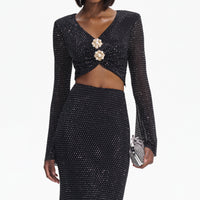 Black Rhinestone Flared Sleeve Top