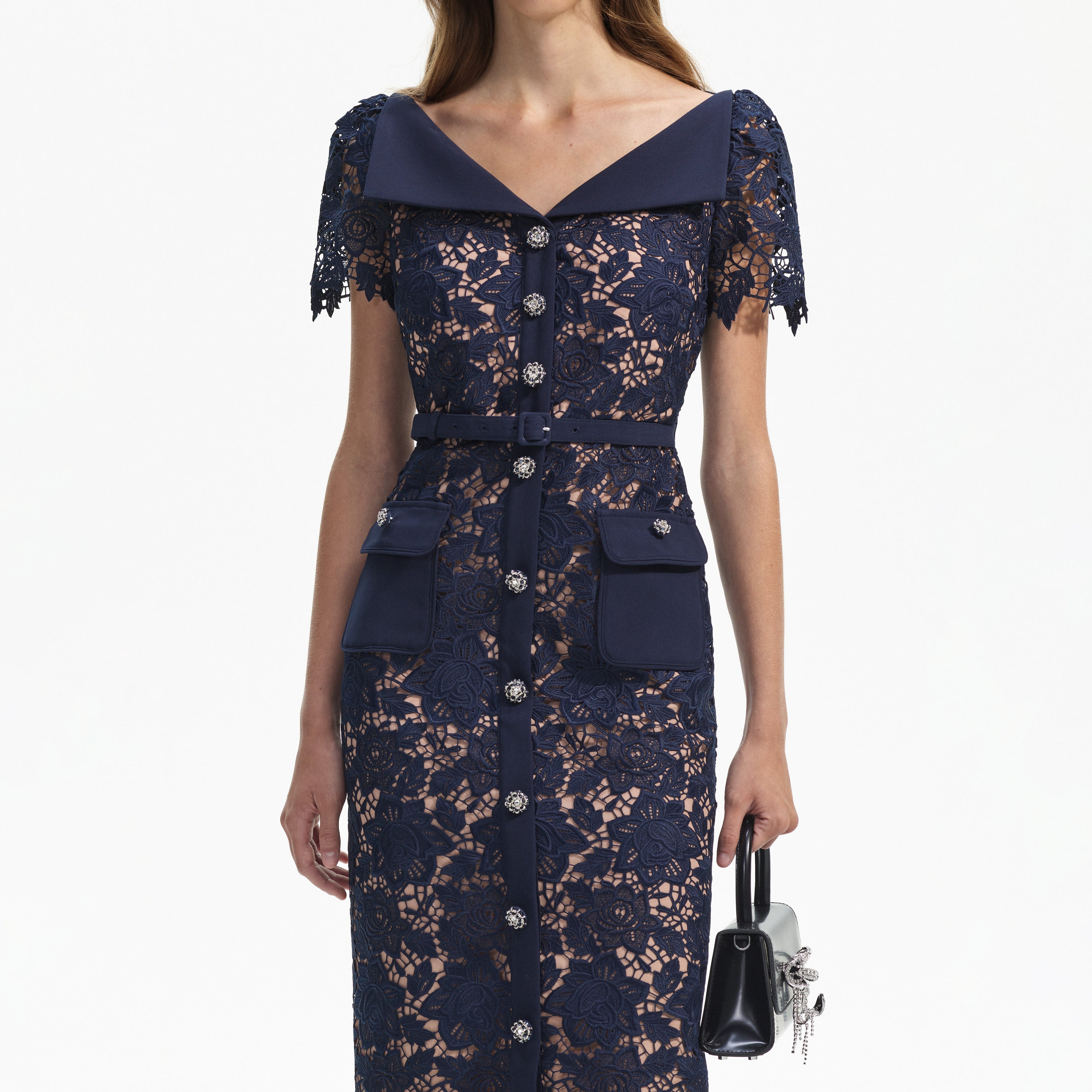 Navy Lace Open Neck Midi Dress
