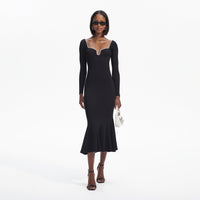 Black Knit Diamante Trim Midi Dress