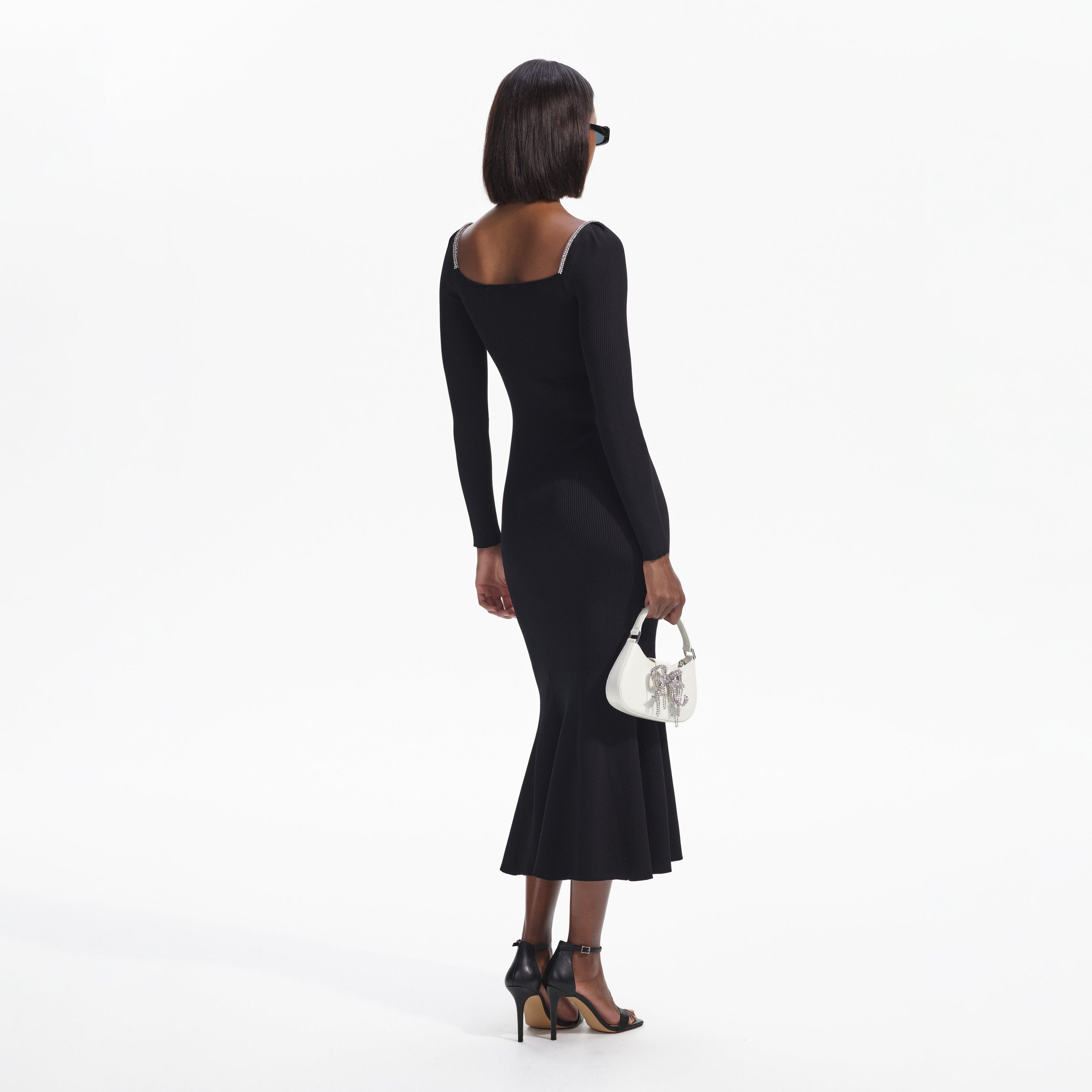 Black Knit Diamante Trim Midi Dress