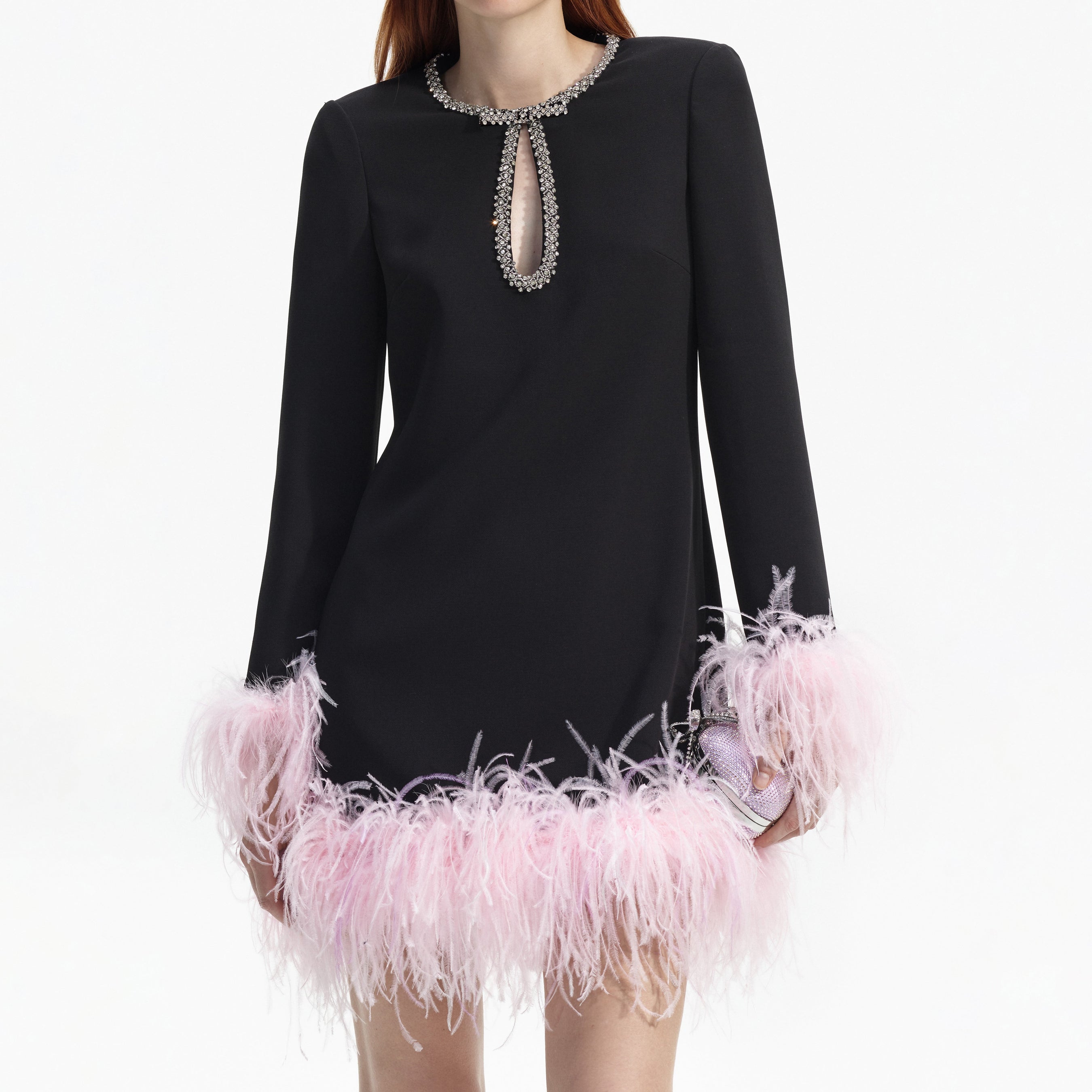 Black Crepe Feather Mini Dress