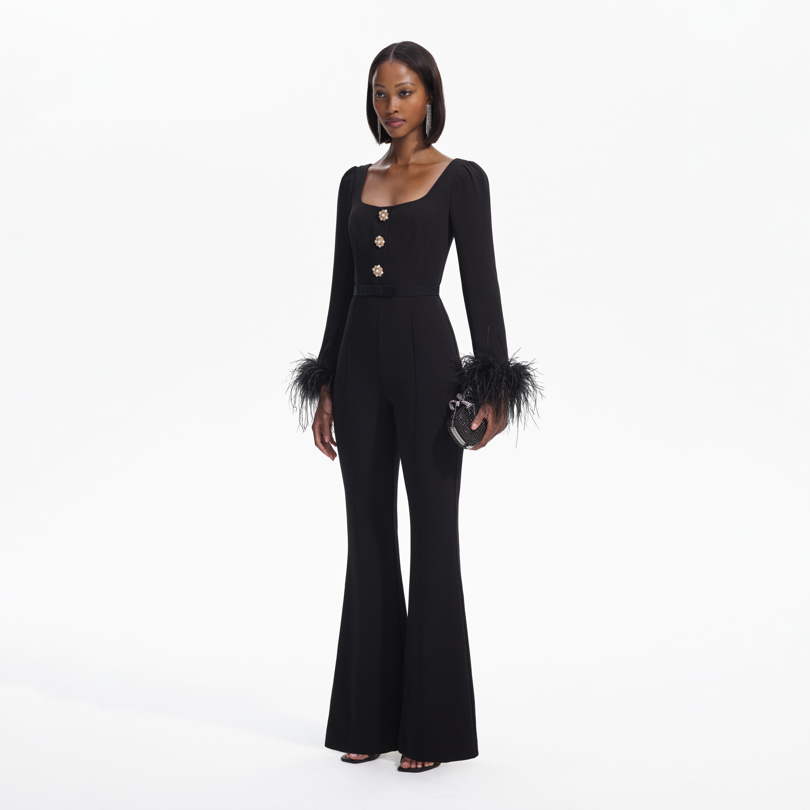 Black Crepe Feather Jumpsuit