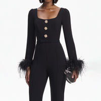 Black Crepe Feather Jumpsuit