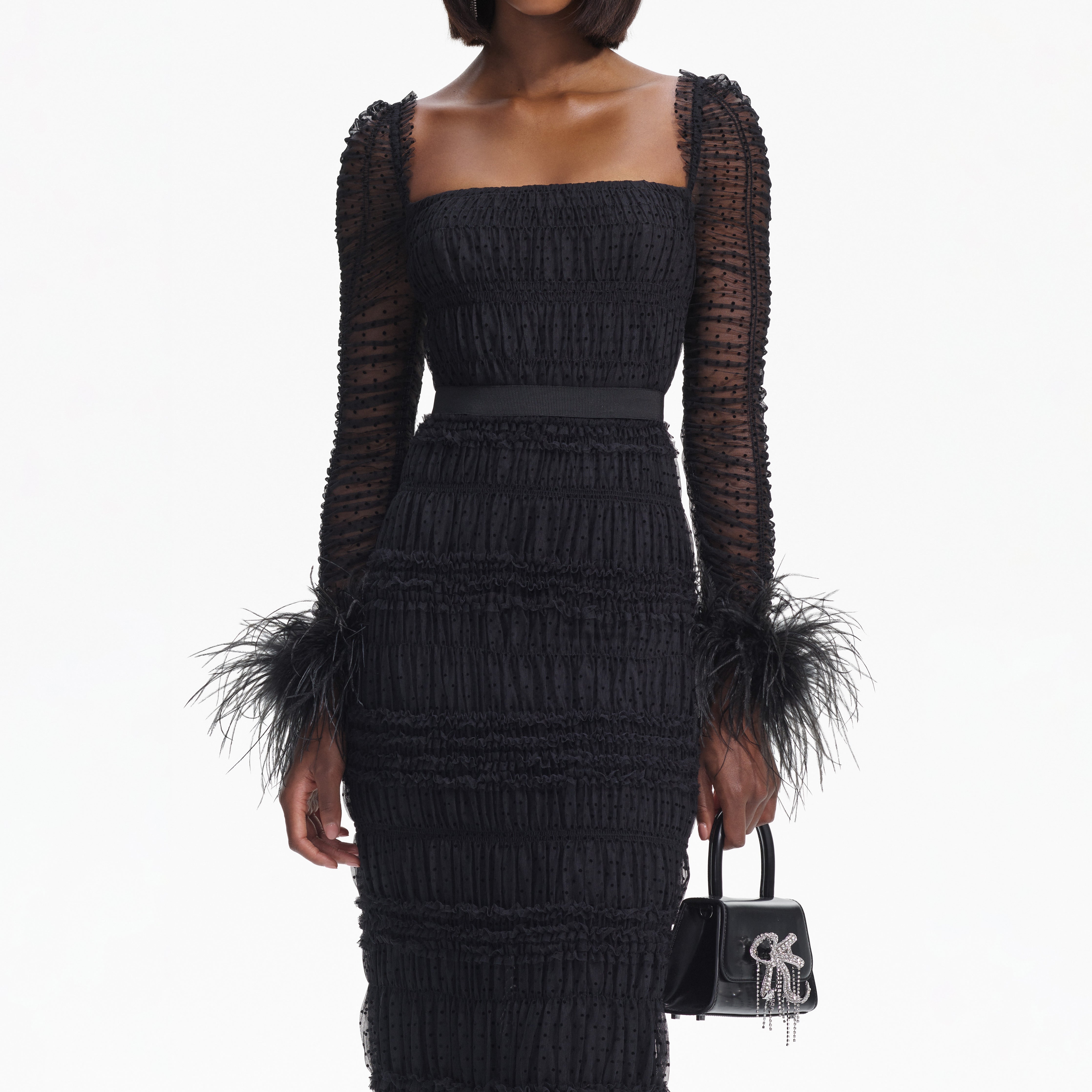 Black Dot Mesh Feather Midi Dress