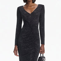 Black Rhinestone Gathered Midi Dress