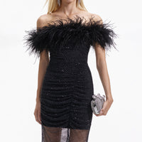 Black Rhinestone Feather Midi Dress