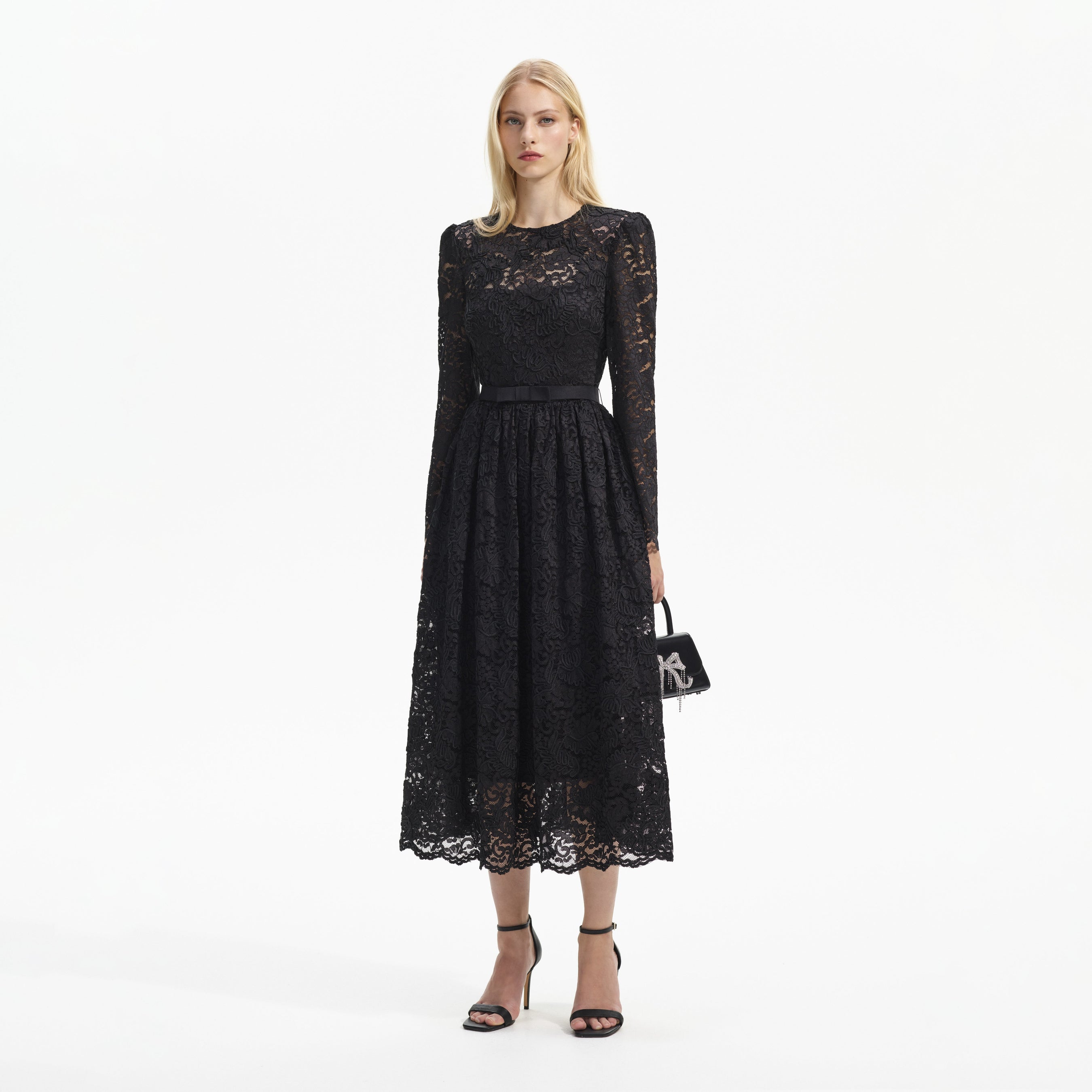 Black Cord Lace Long Sleeve Midi Dress