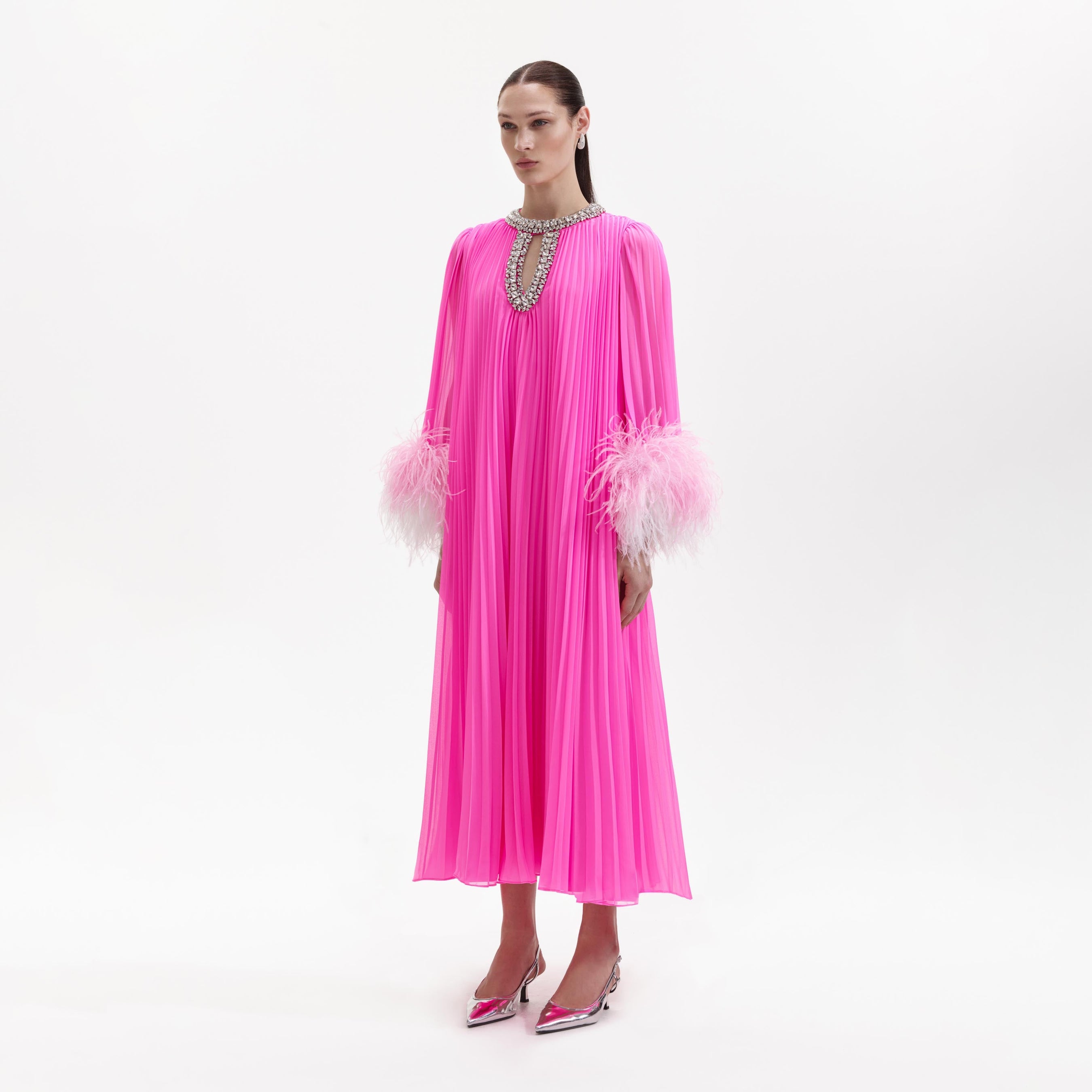 Pink Chiffon Feather Midi Dress