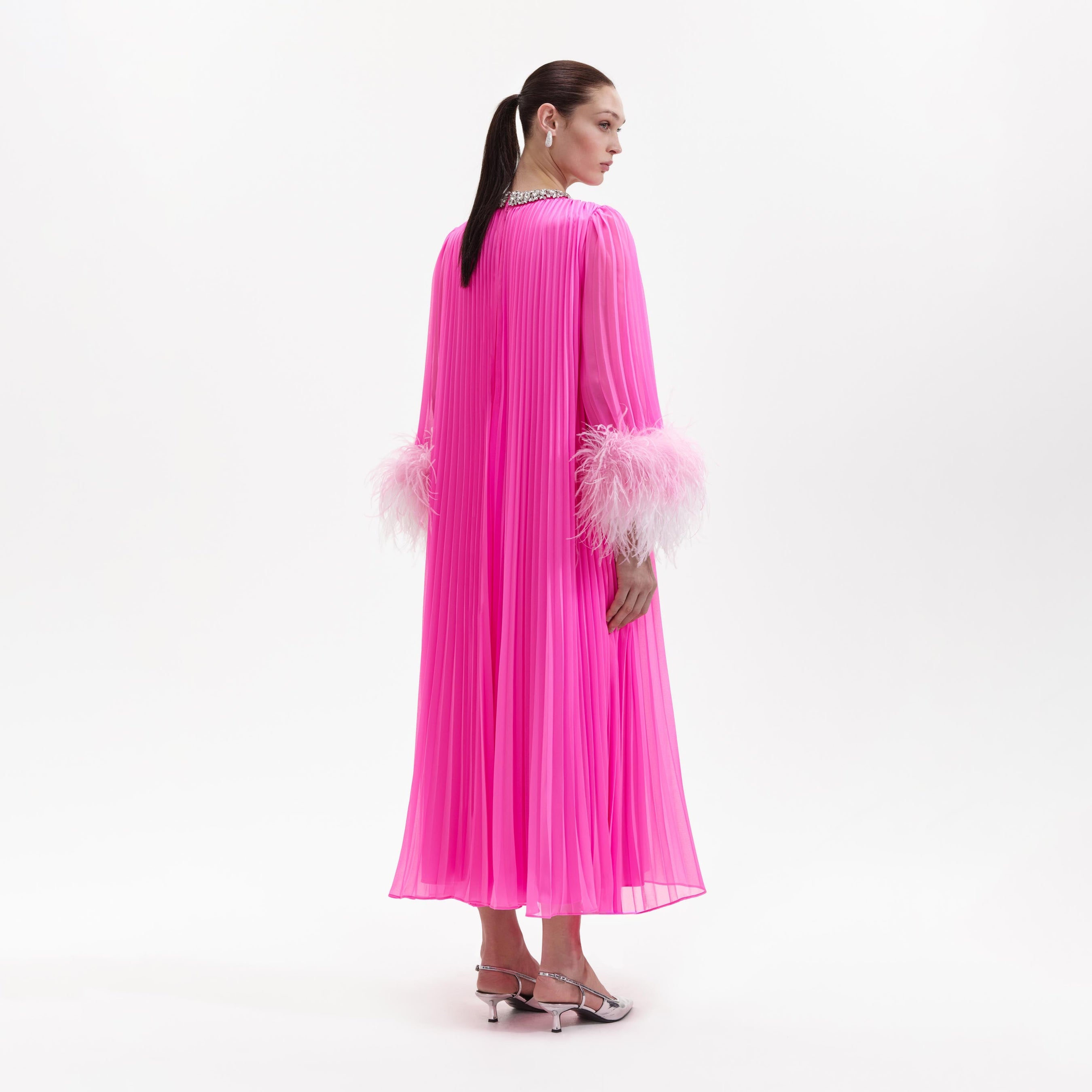 Pink Chiffon Feather Midi Dress