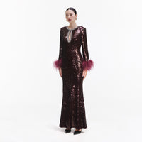 Burgundy Sequin Feather Maxi Dress