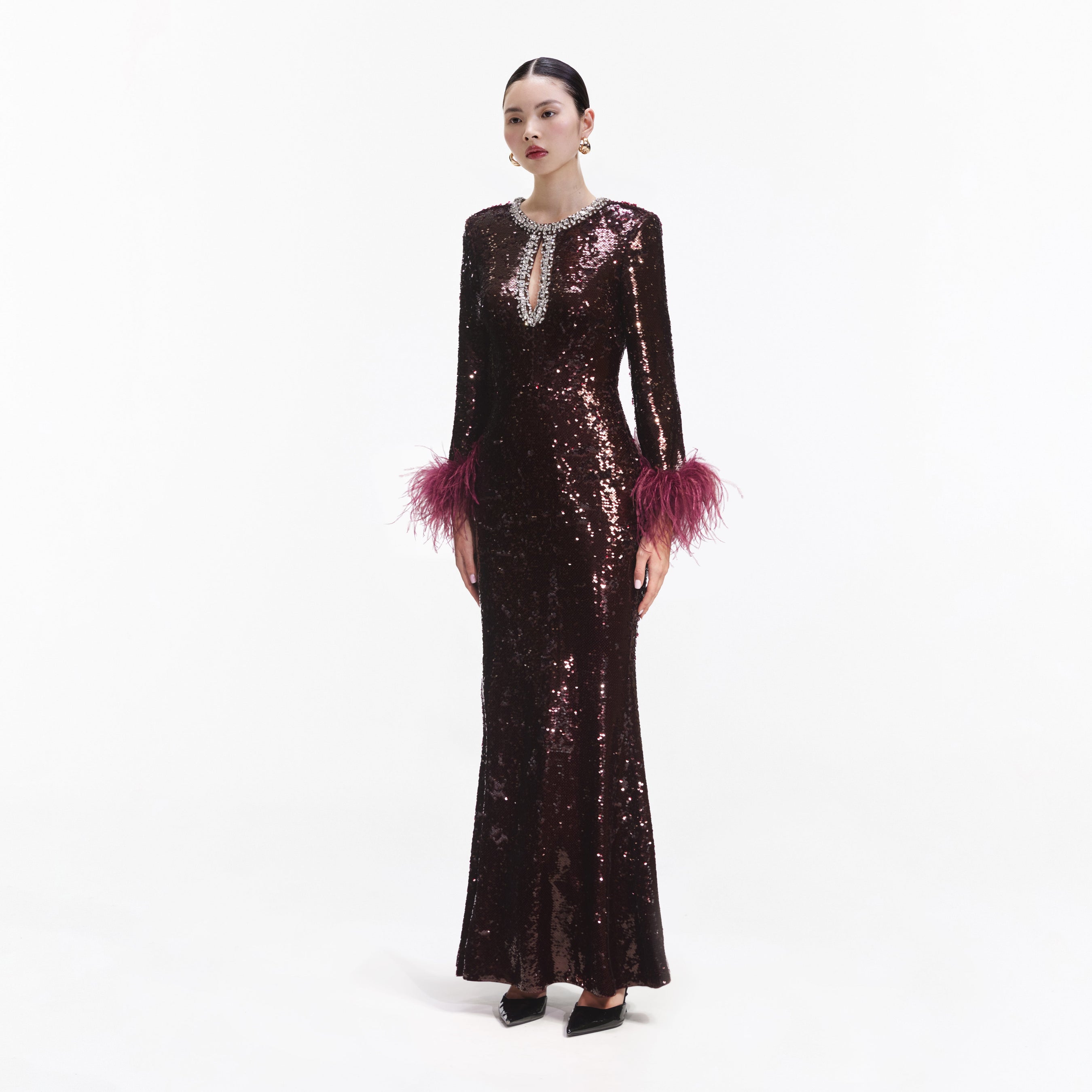 Burgundy Sequin Feather Maxi Dress