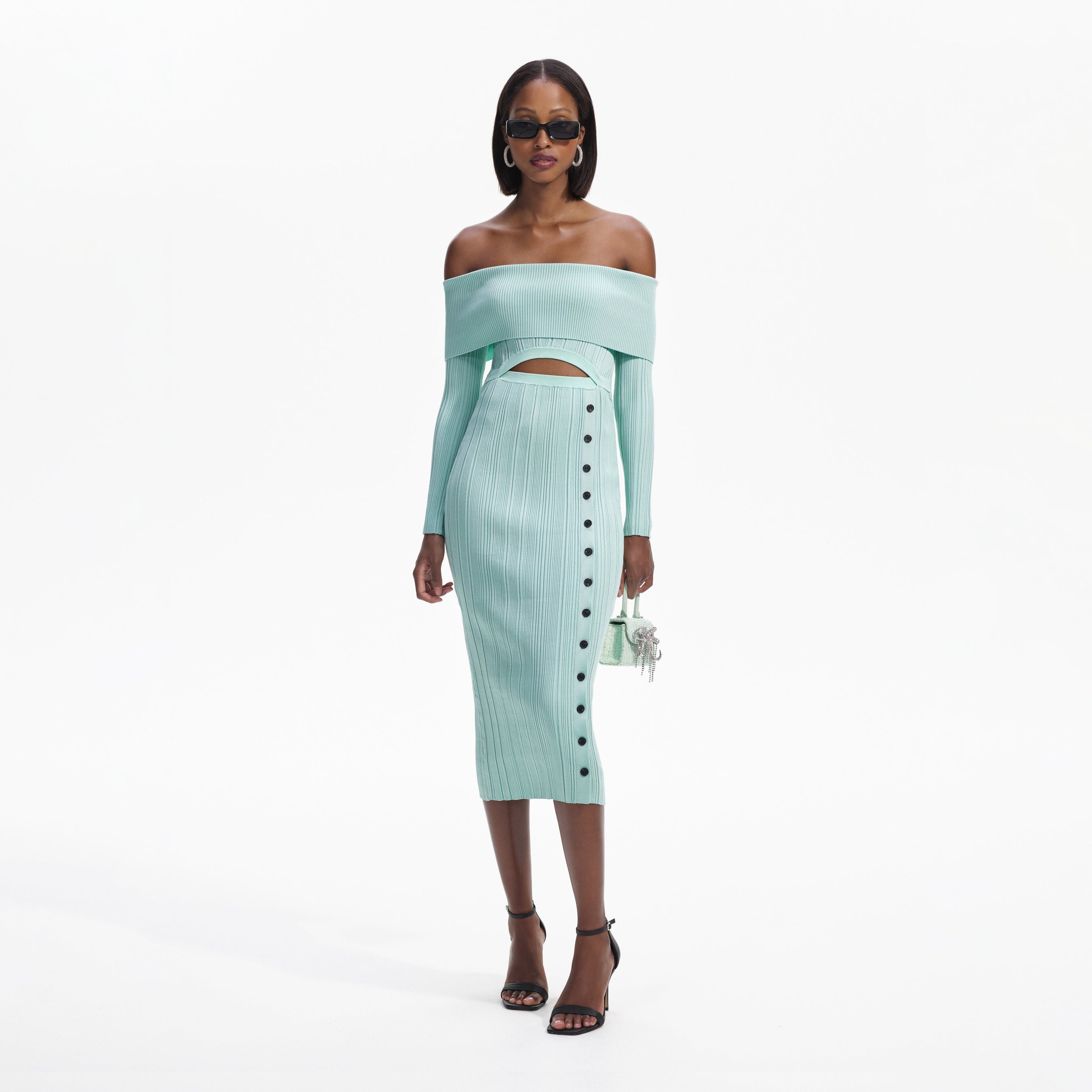 Mint Off Shoulder Knit Midi Dress