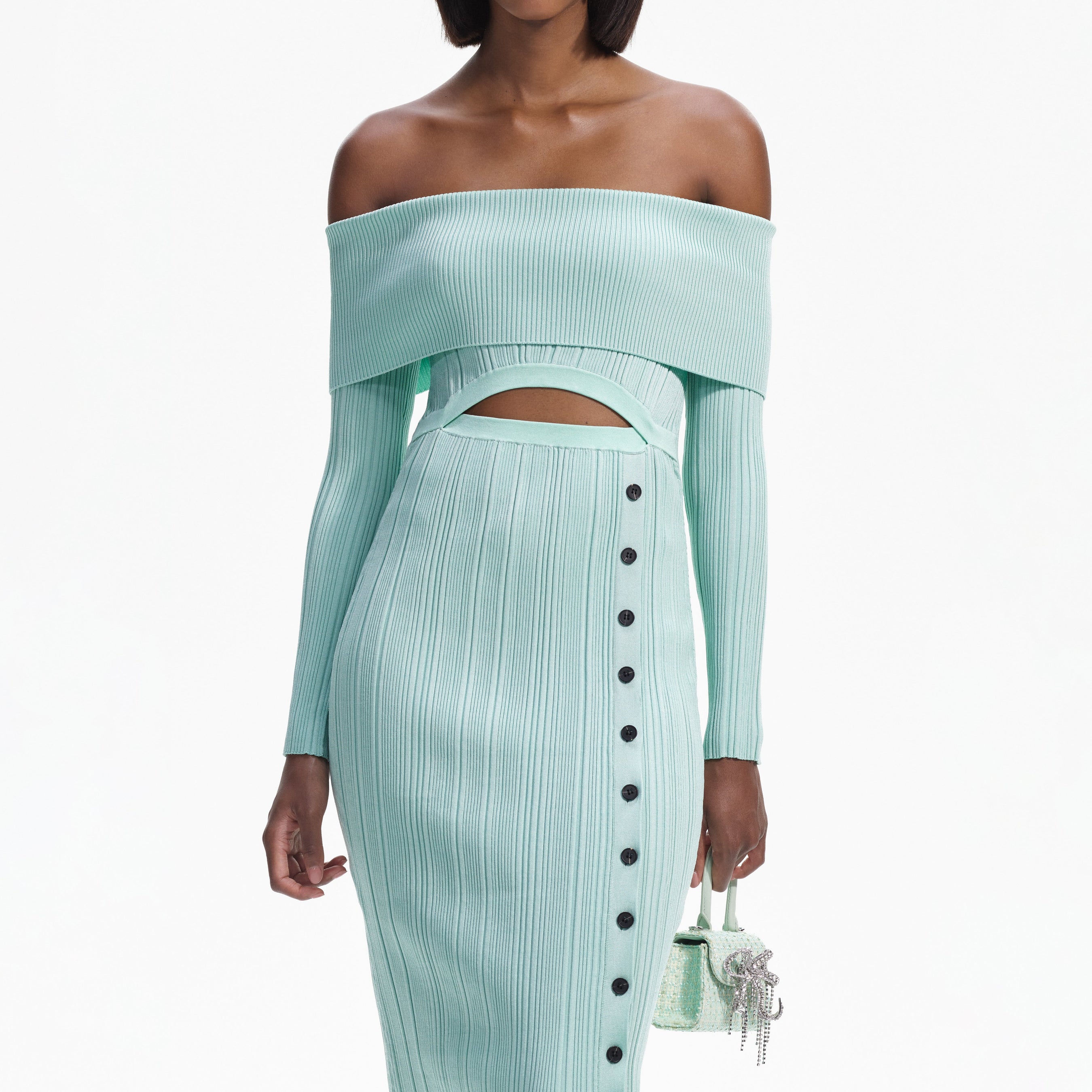 Mint Off Shoulder Knit Midi Dress