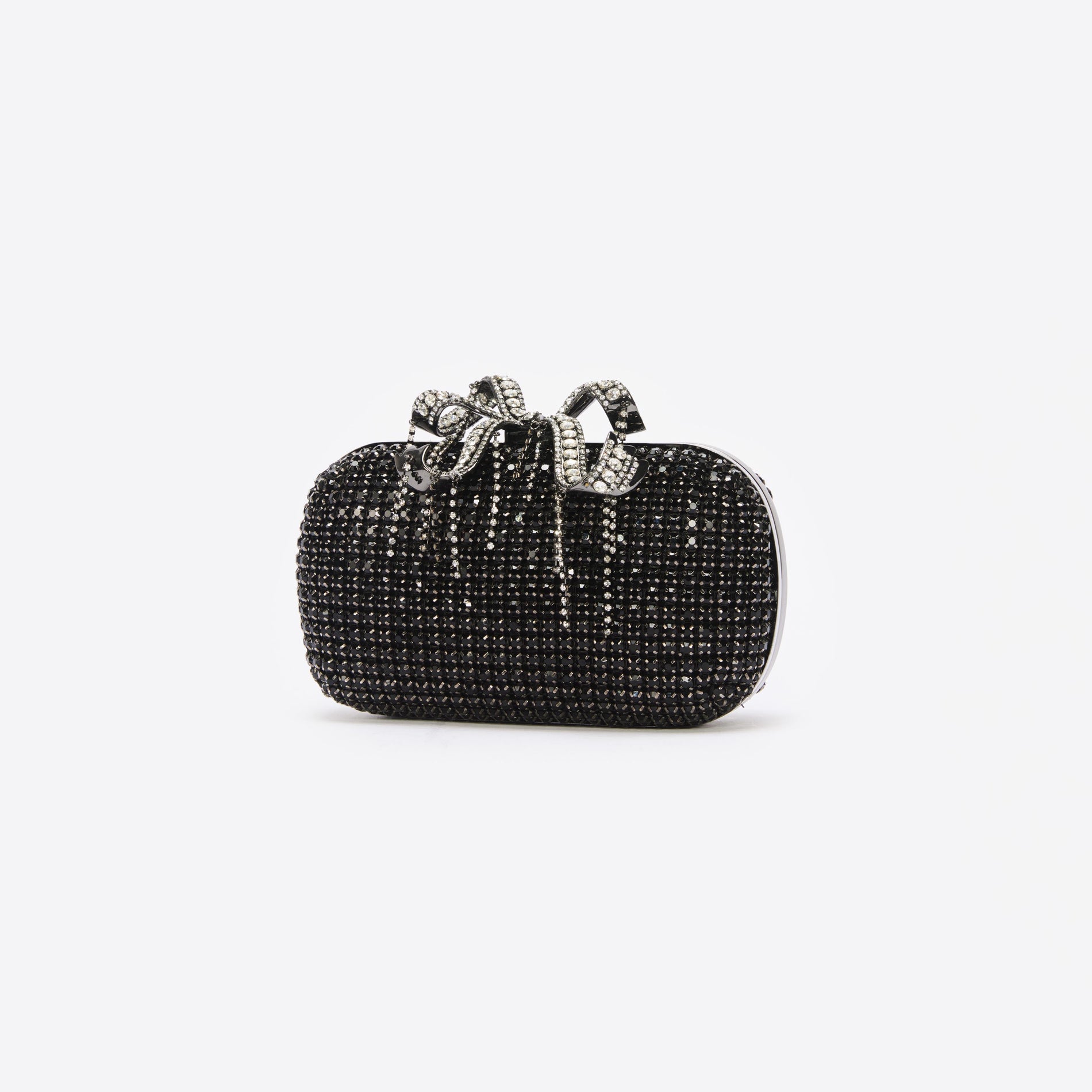 Side view of a woman wearing the Black Chainmail Clutch Bag
