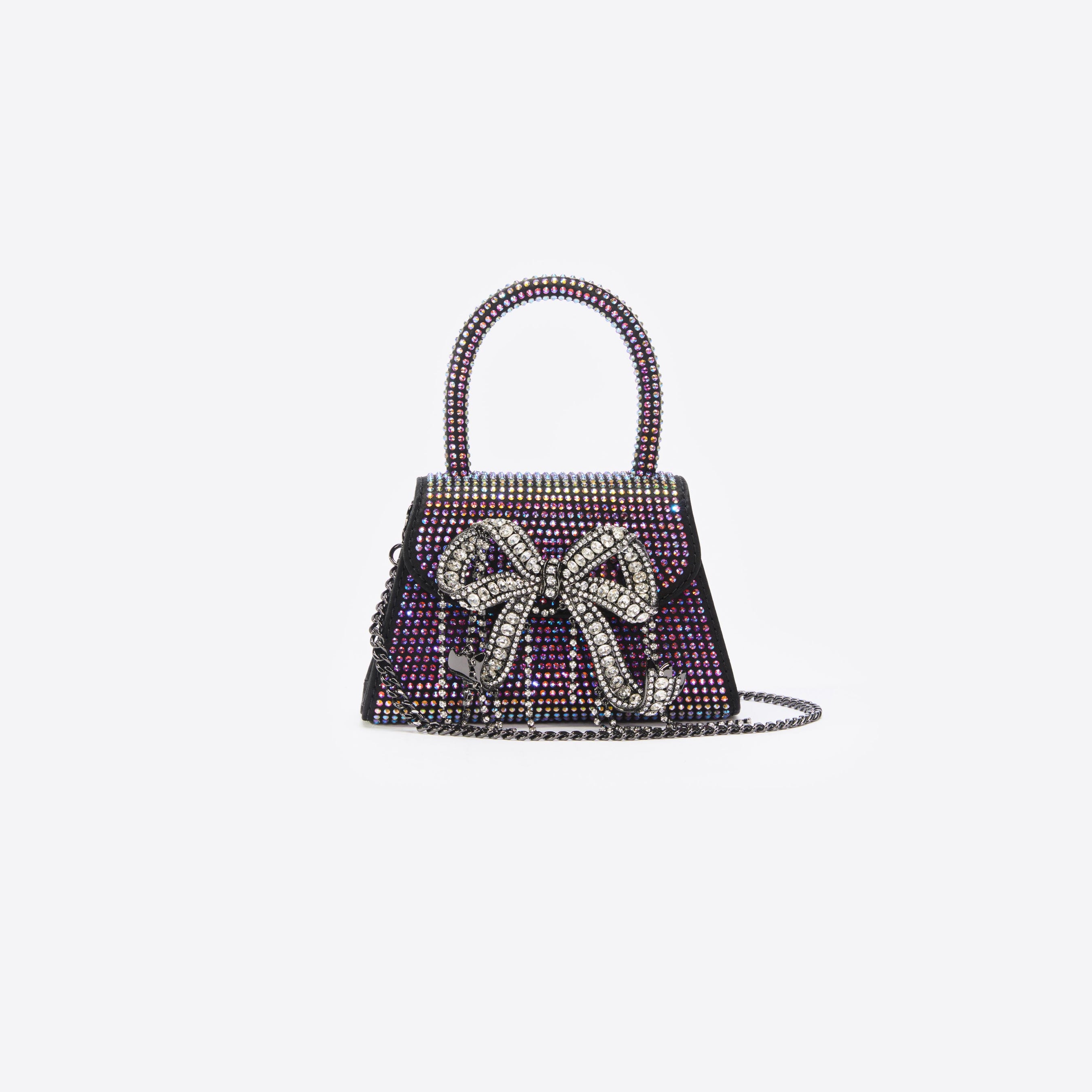 Black Satin Rhinestone Micro Bow Bag