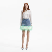 Blue Rhinestone Feather Denim Skirt