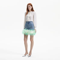 Blue Rhinestone Feather Denim Skirt