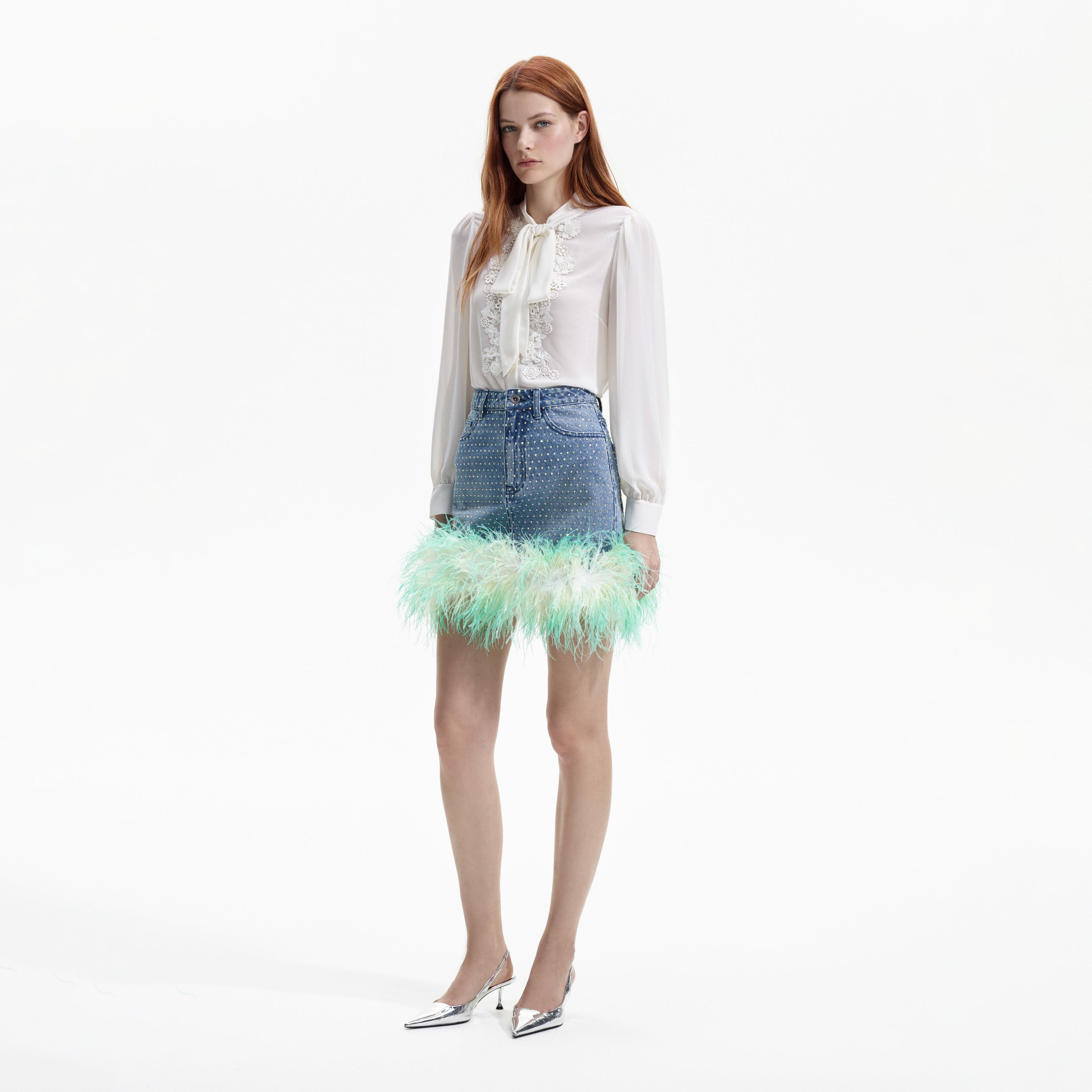 Blue Rhinestone Feather Denim Skirt