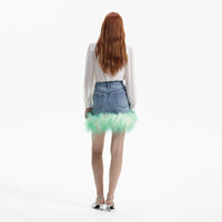 Blue Rhinestone Feather Denim Skirt