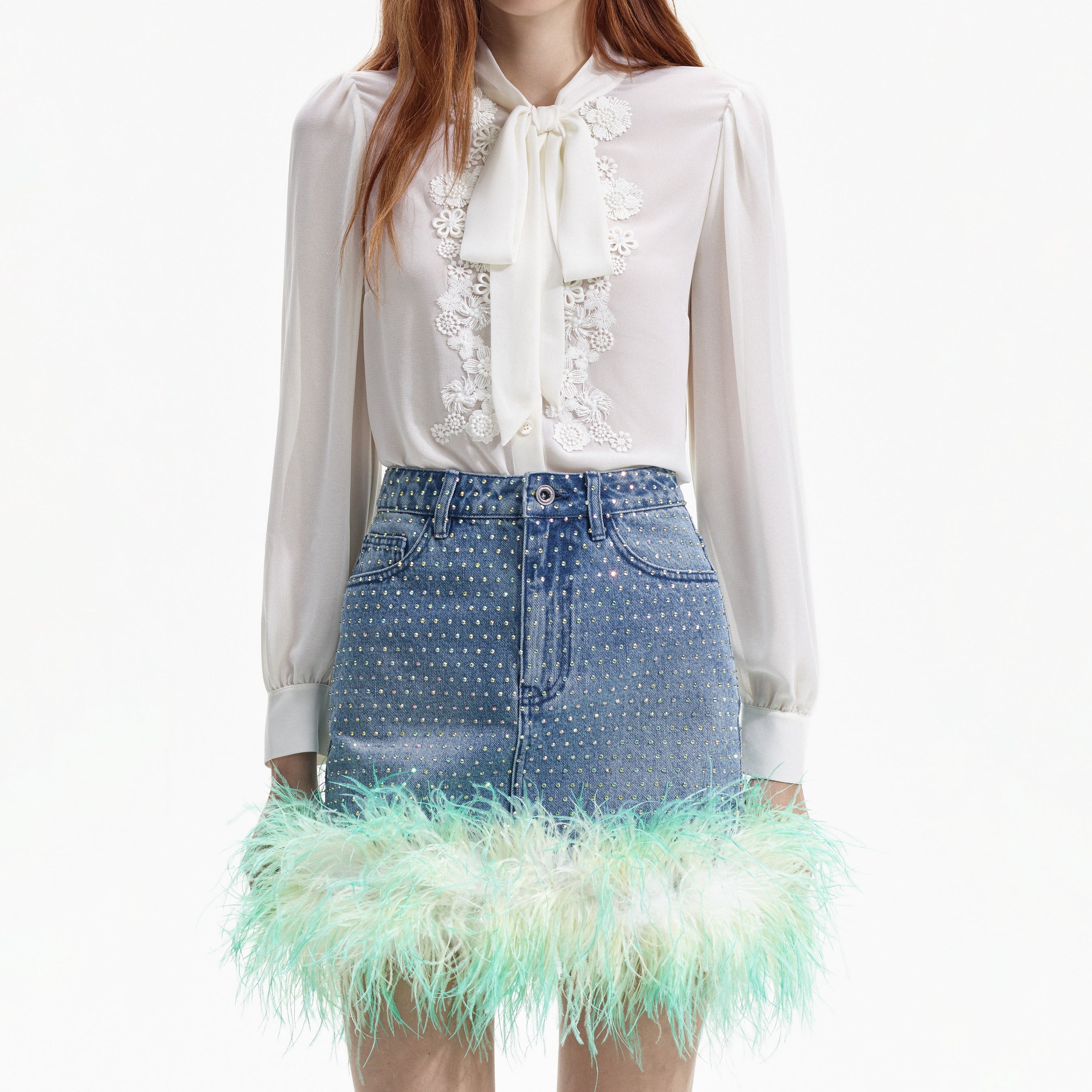 Blue Rhinestone Feather Denim Skirt