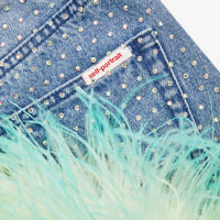 Blue Rhinestone Feather Denim Skirt