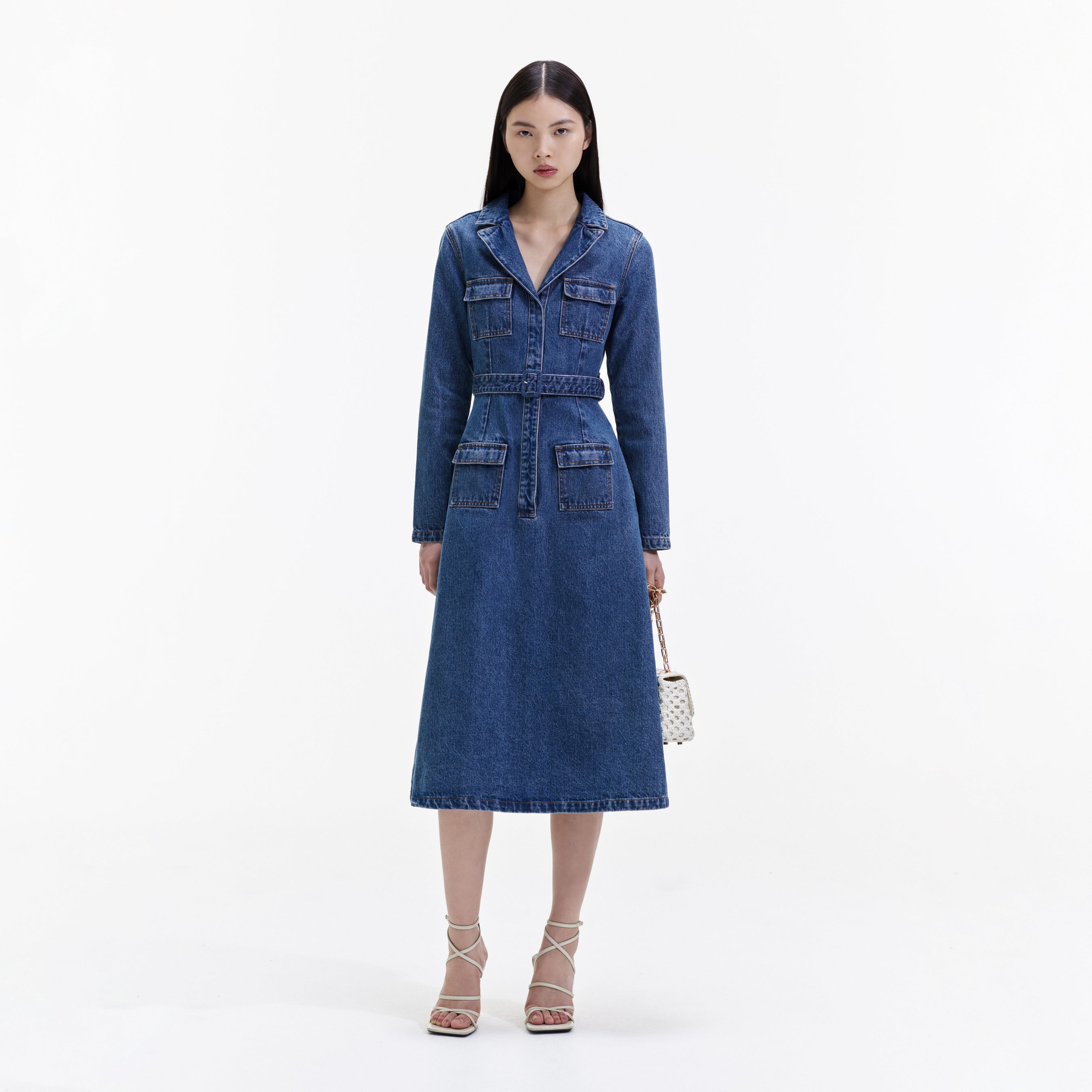 Blue Denim Belted Midi Dress