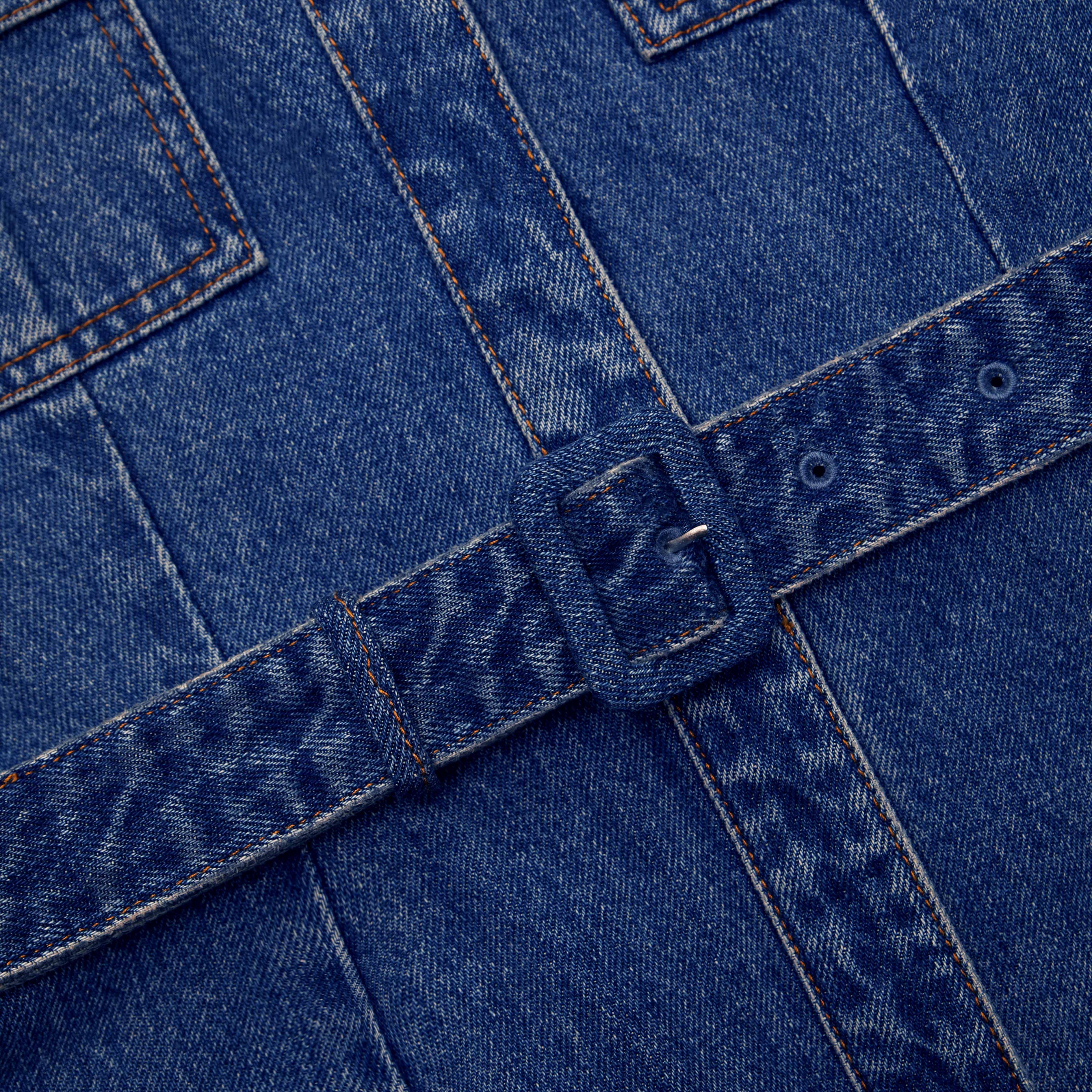 Blue Denim Belted Midi Dress