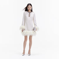 Cream Crepe Feather Mini Dress