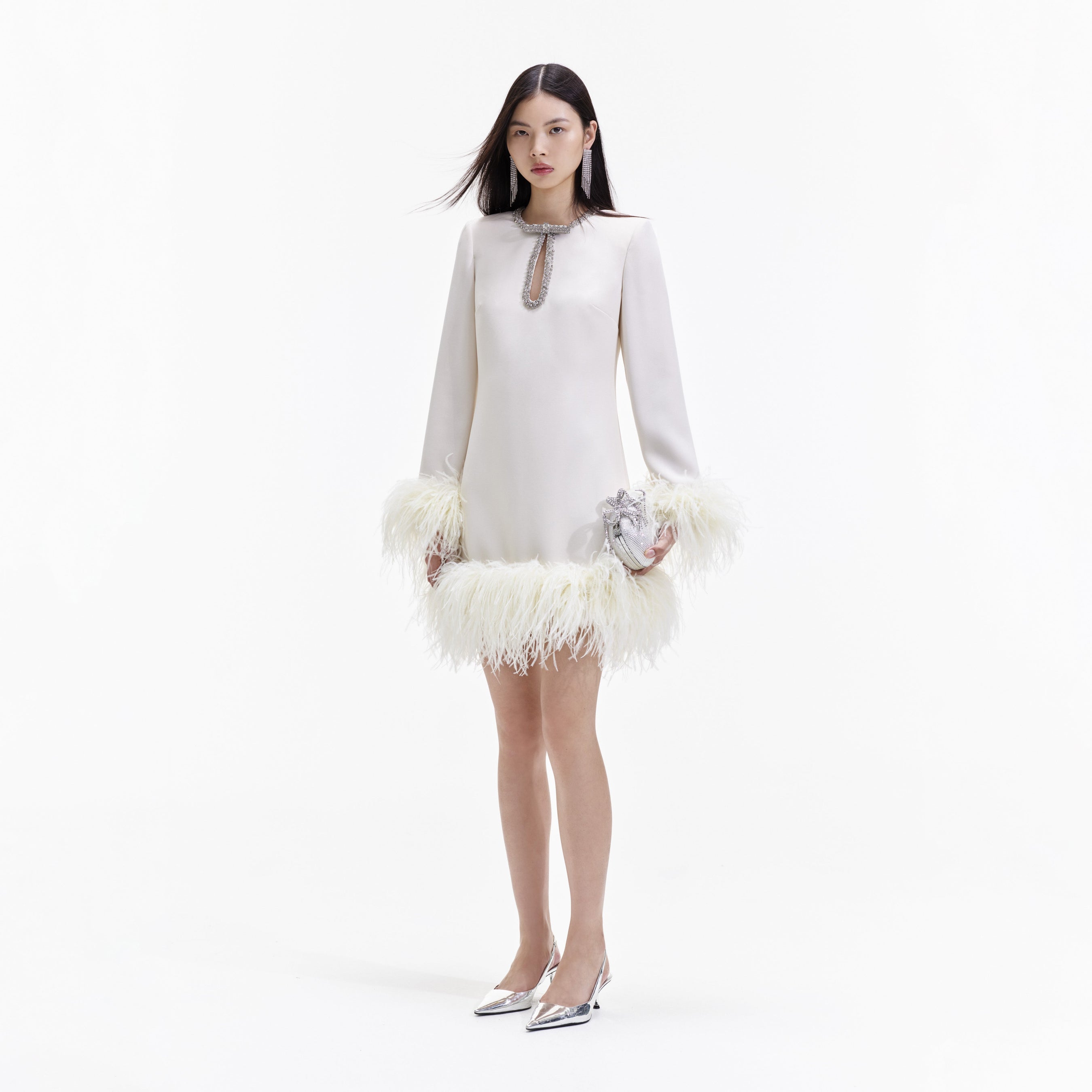 Cream Crepe Feather Mini Dress