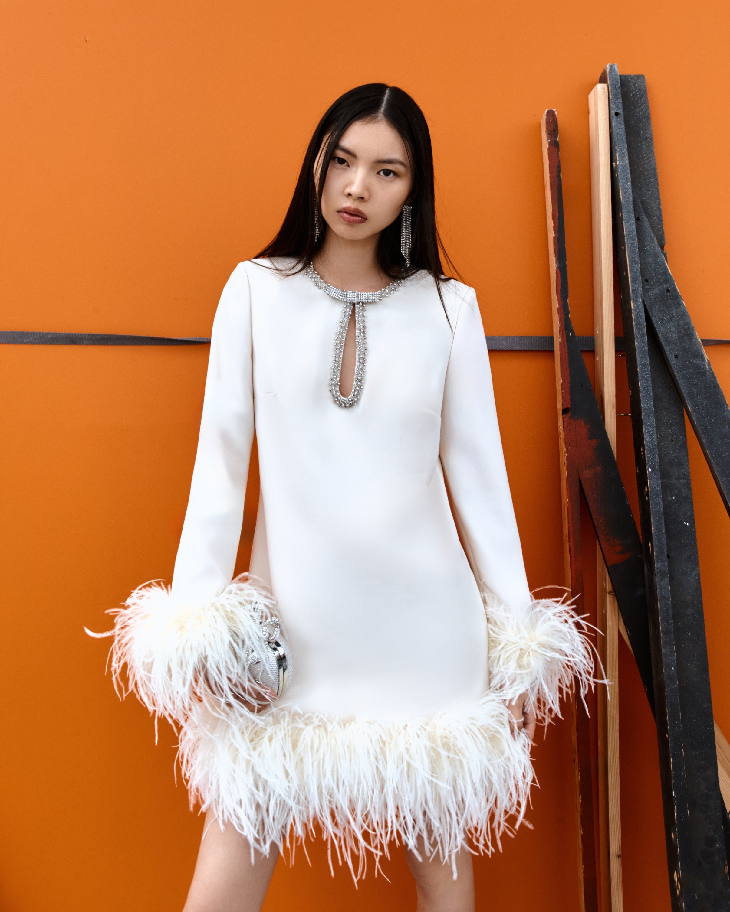 Cream Crepe Feather Mini Dress