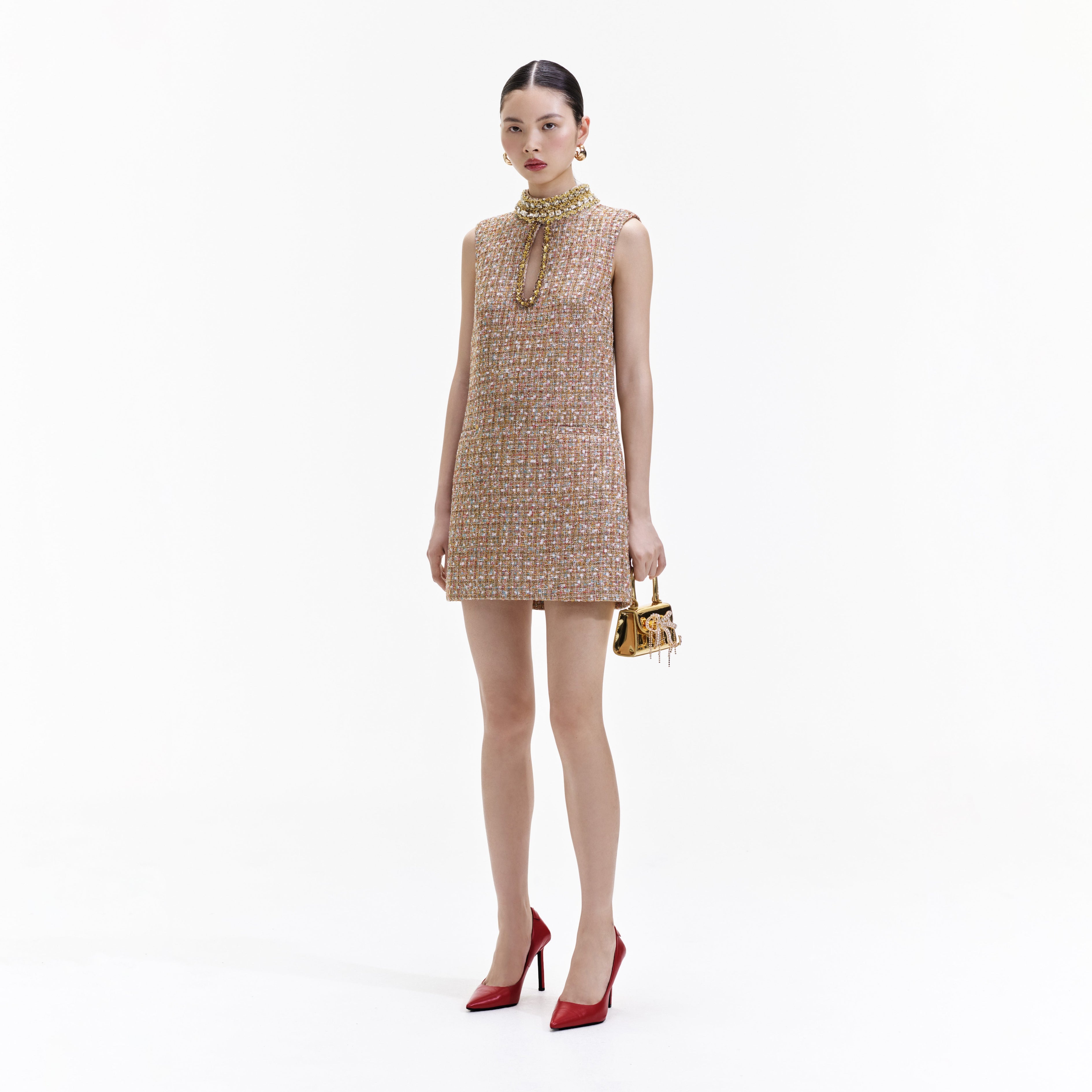 Gold Tinsel Boucle Embellished Mini Dress
