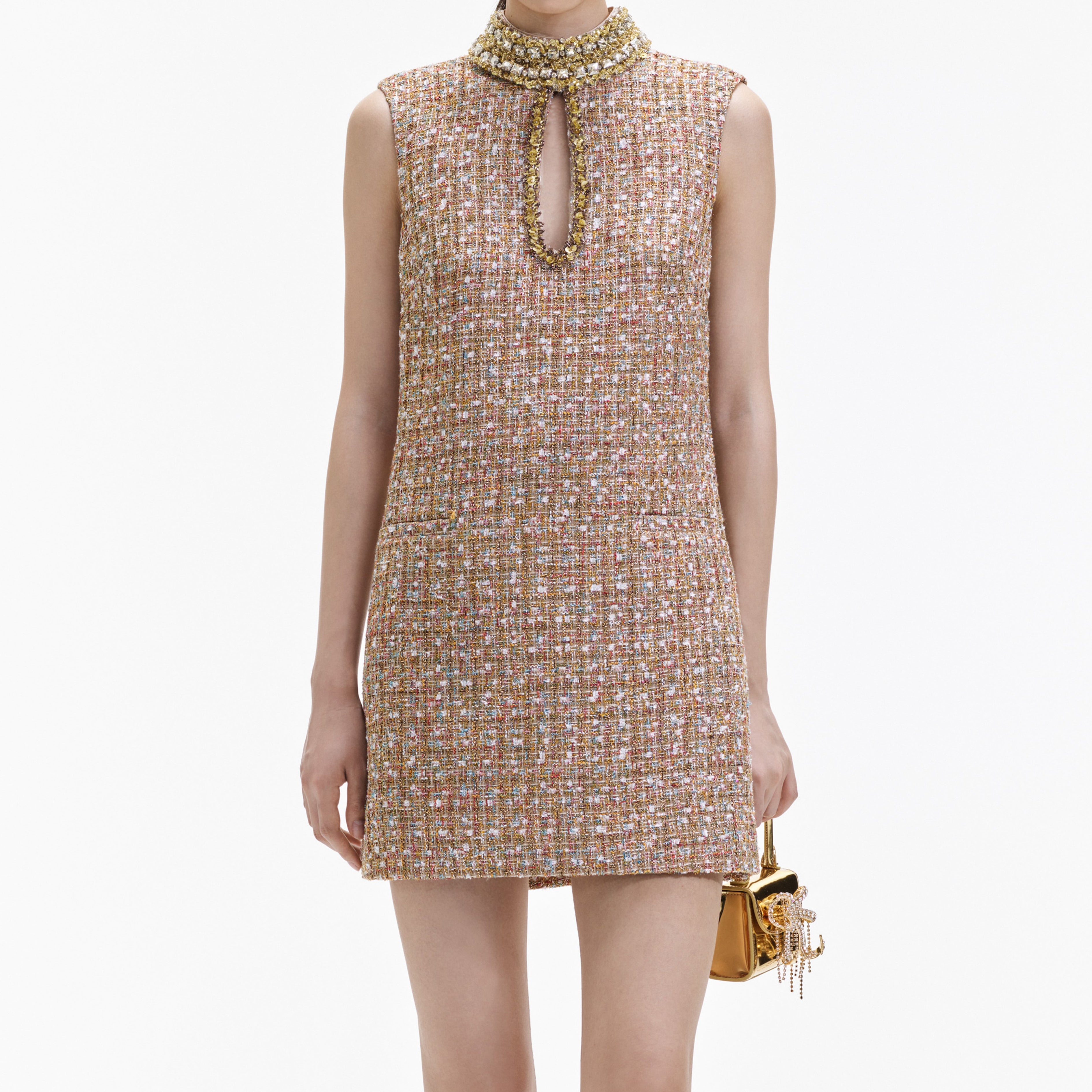 Gold Tinsel Boucle Embellished Mini Dress