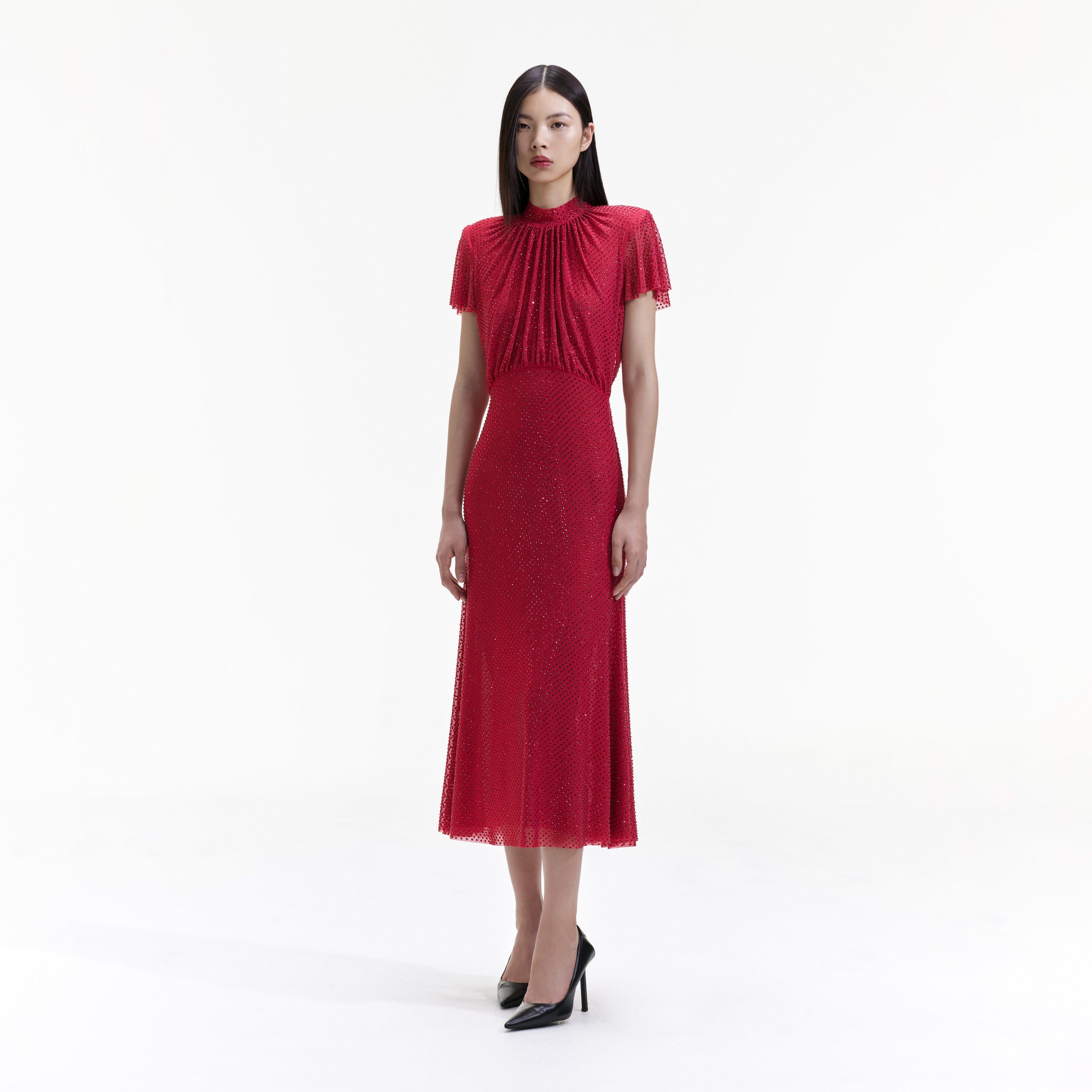 One Shoulder Mesh Ruffle Midi Dress Red - Luxe Midi Dresses and