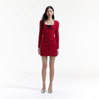 Red Knit Bow Round Neck Mini Dress