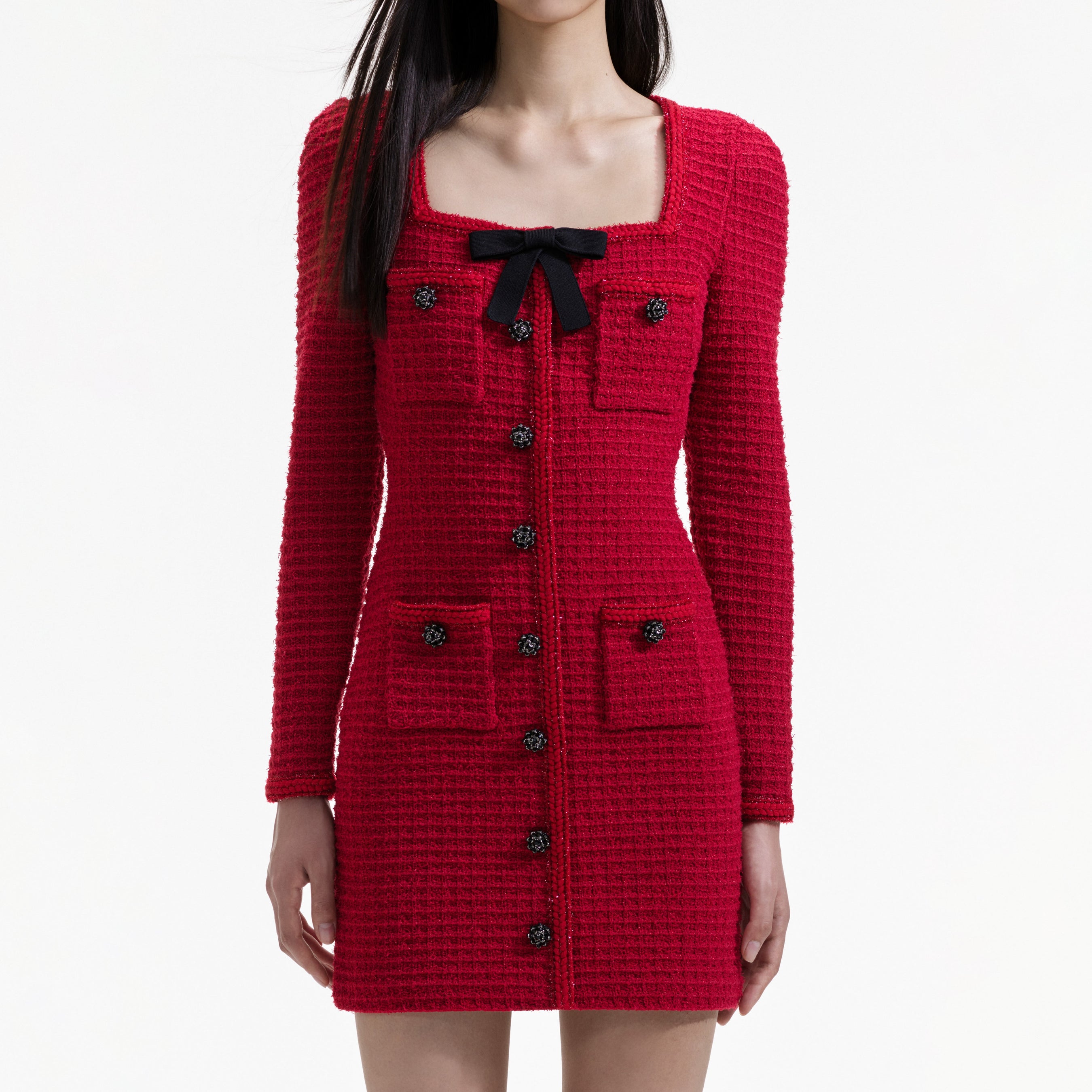 Red Knit Bow Round Neck Mini Dress