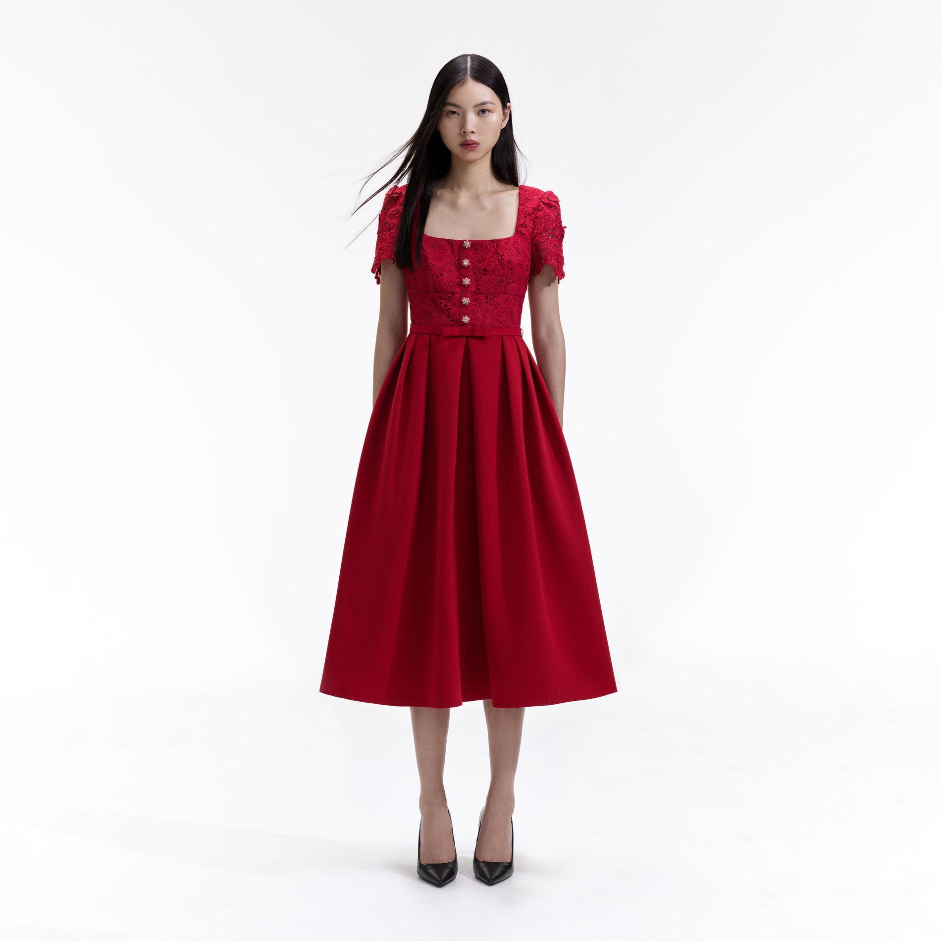 Red Lace Crepe Midi Dress