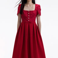 Red Lace Crepe Midi Dress