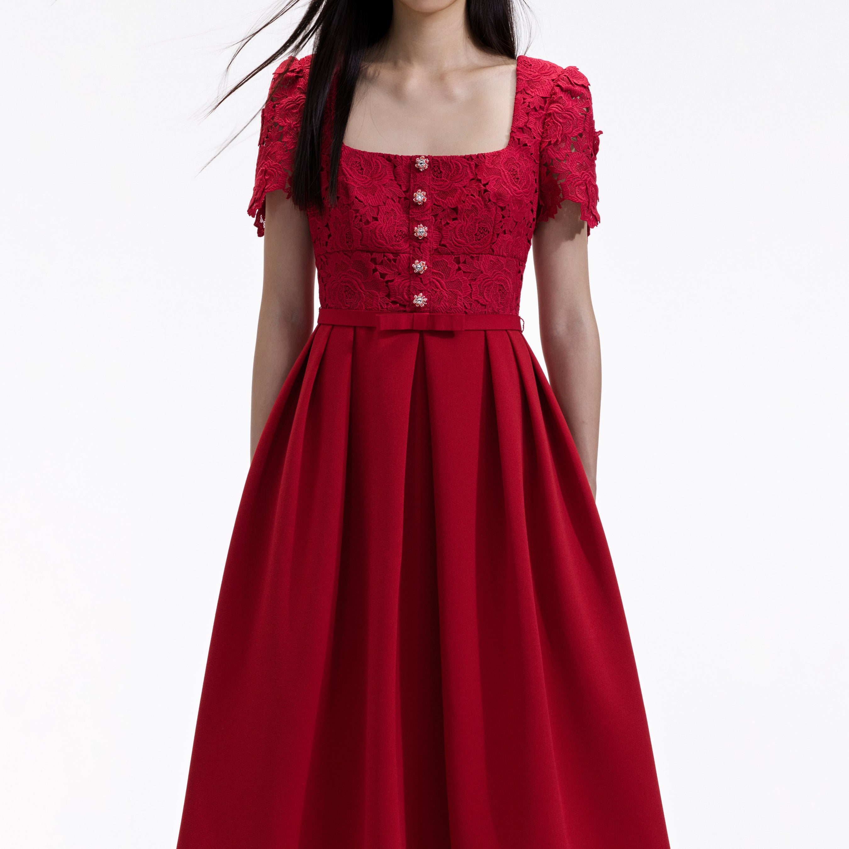 Red Lace Crepe Midi Dress