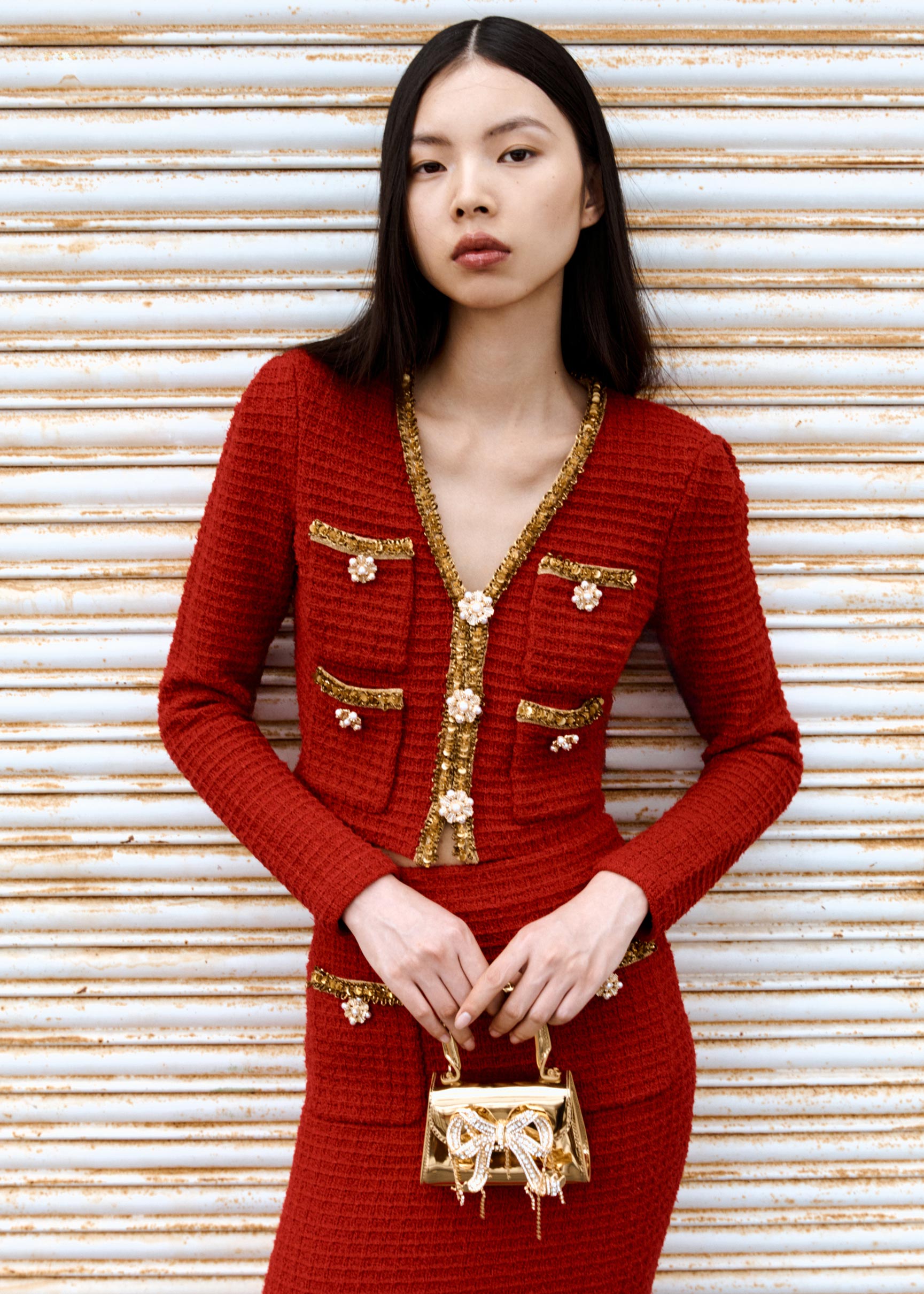 Red Knit V Neck Cardigan