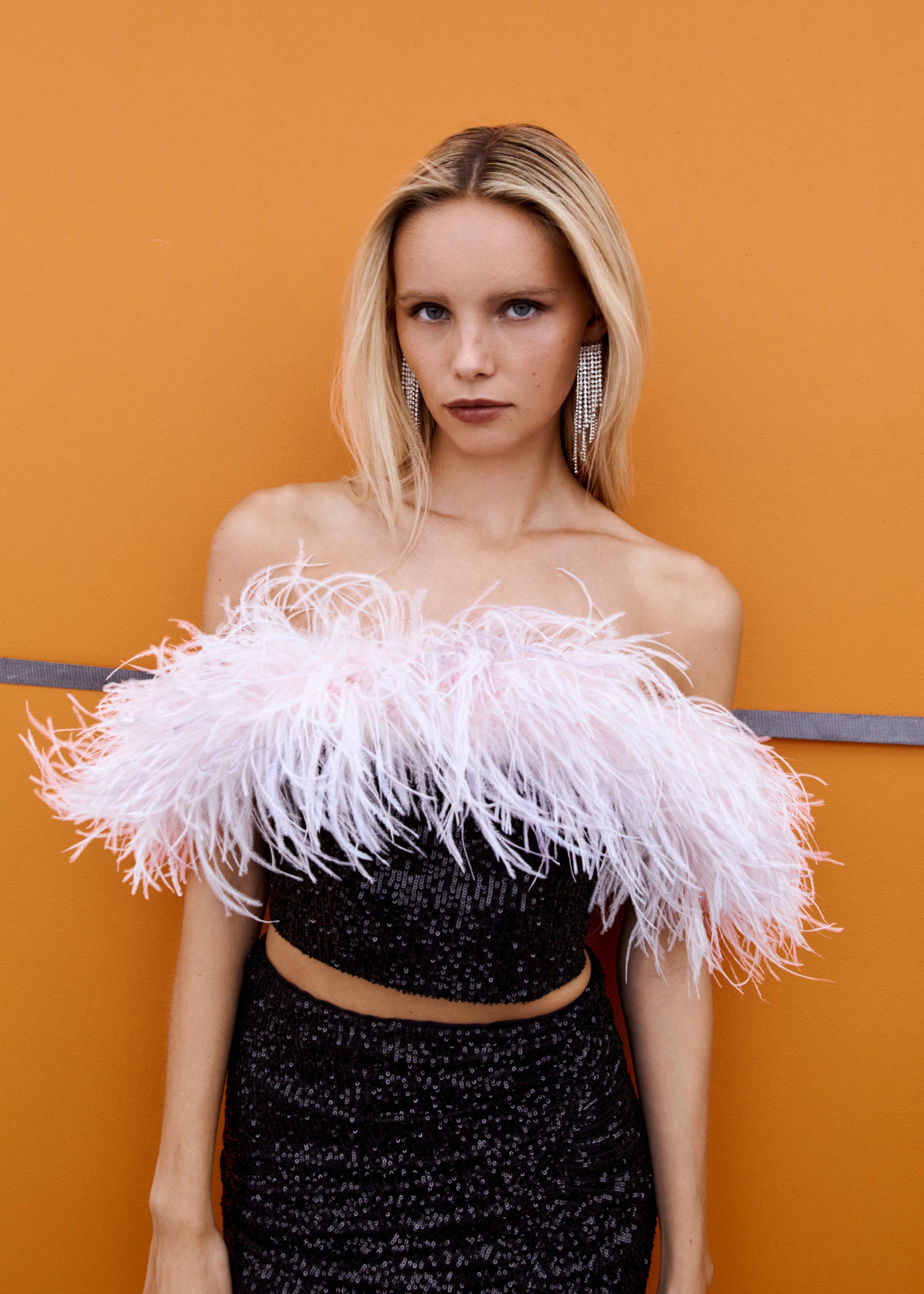 Black Sequin Feather Crop Top