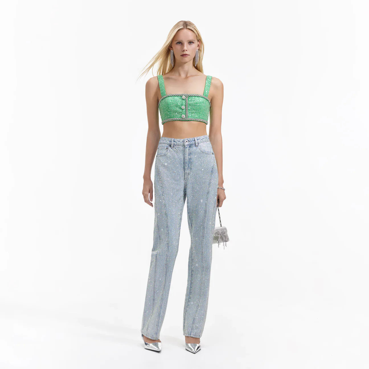 Front view of a woman wearing the Green Boucle Crop Top