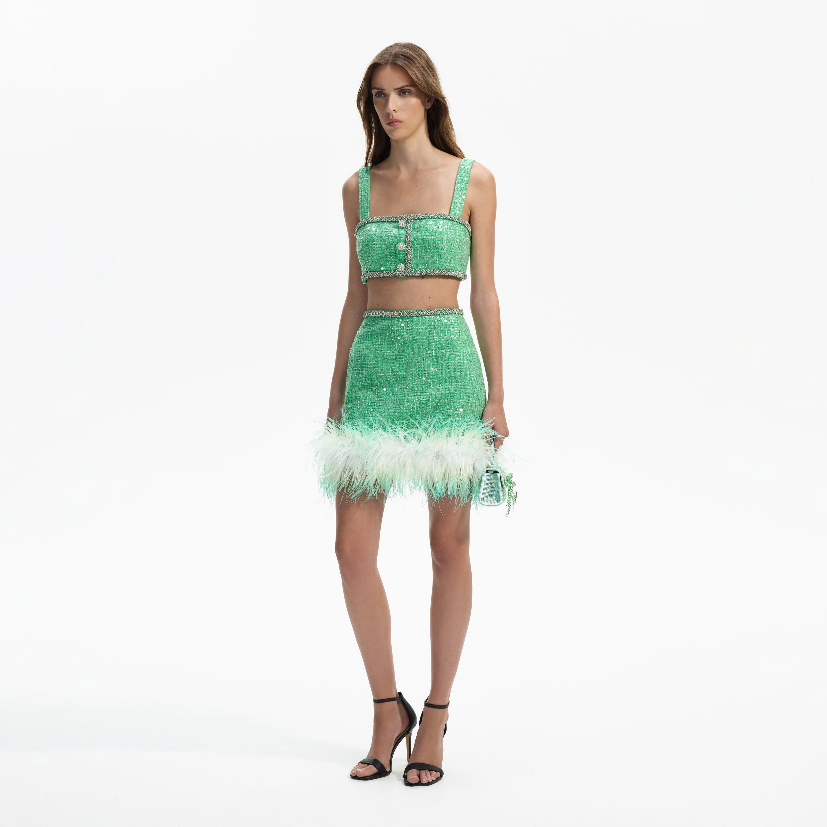 Green Boucle Feather Mini Skirt